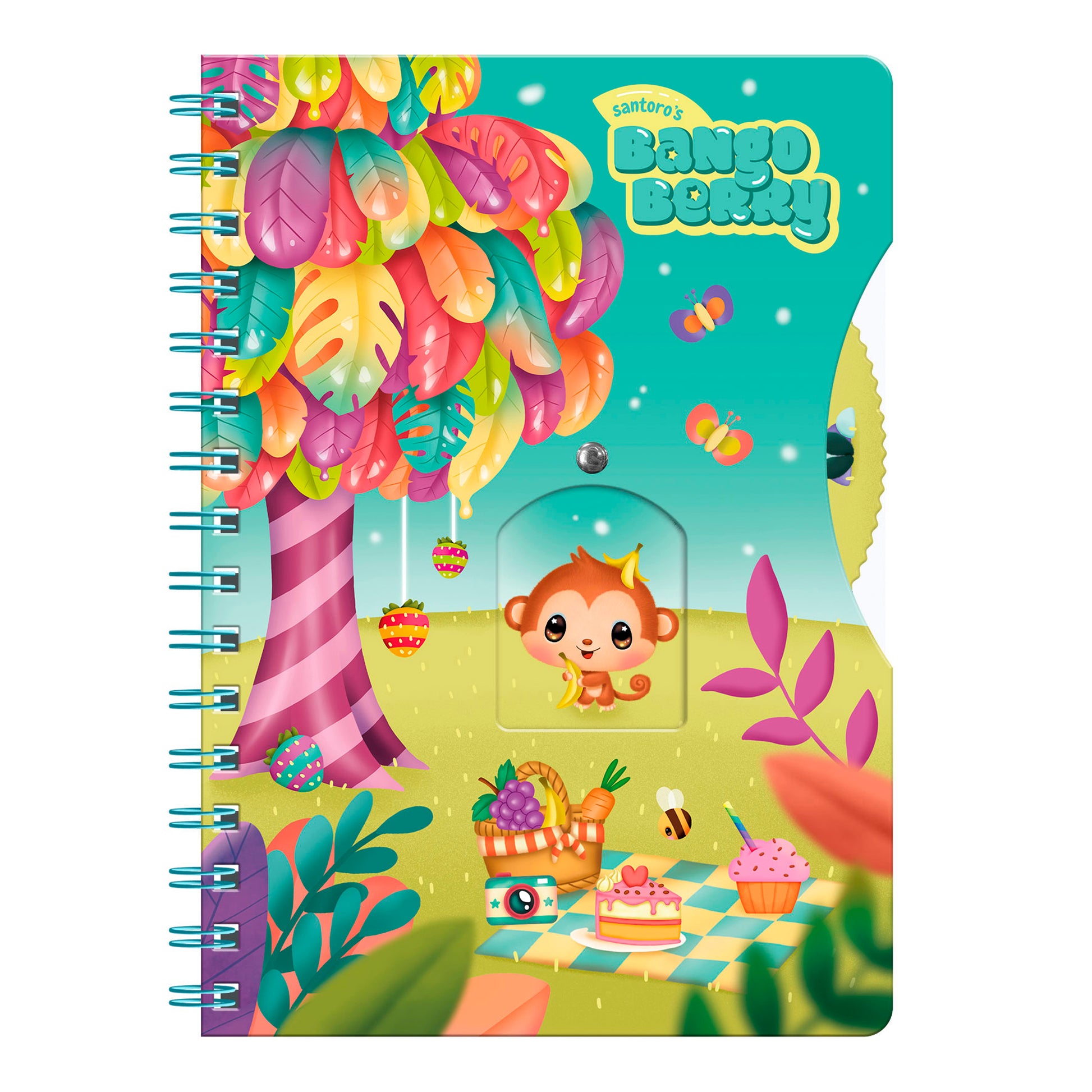 The Santoro Bangoberry Story Wheel Notebook Picnic on the Hill features a colorful cover with a cute monkey, vibrant tree, and picnic scene. "Bangoberry Story Wheel" appears at the top right—perfect for journaling.