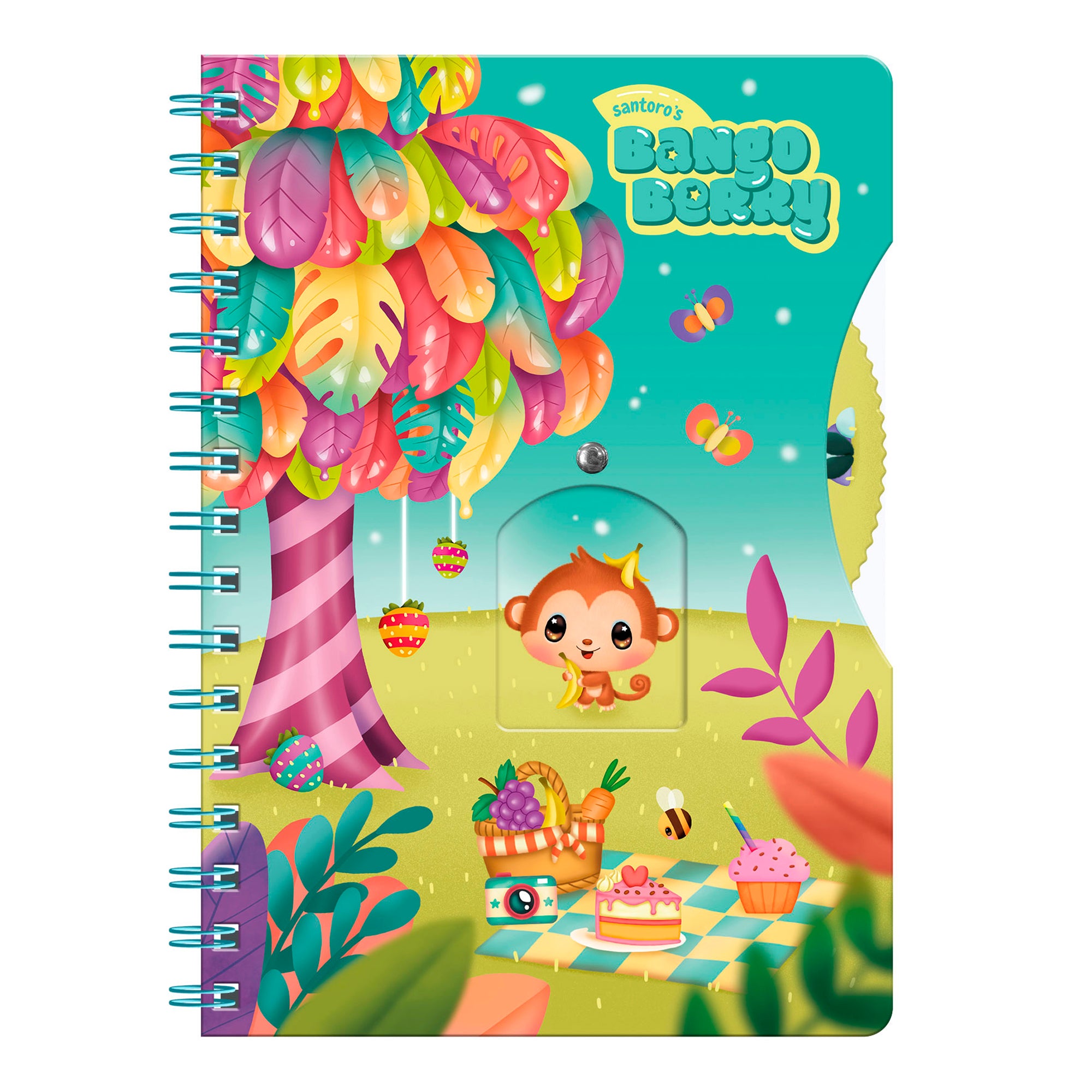 The Santoro Bangoberry Story Wheel Notebook Picnic on the Hill features a colorful cover with a cute monkey, vibrant tree, and picnic scene. "Bangoberry Story Wheel" appears at the top right—perfect for journaling.