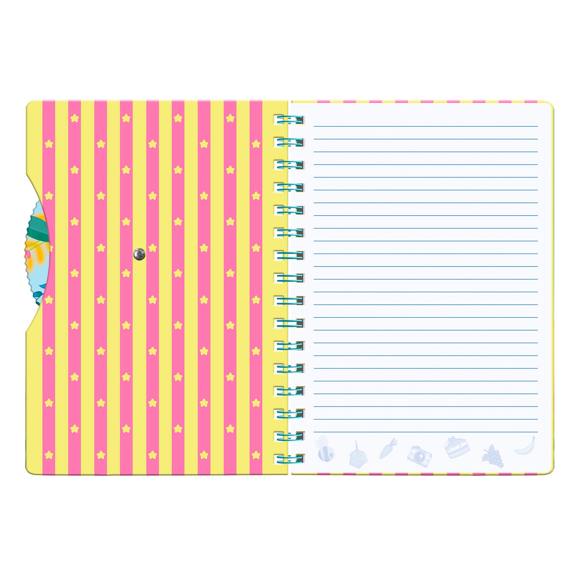 The Santoro Bangoberry Story Wheel Notebook Picnic on the Hill features an open spiral binding, a yellow and pink striped left page with paw prints and a pocket, plus a lined right page with blue lines and gray Bango Bunch icons—ideal for journaling.