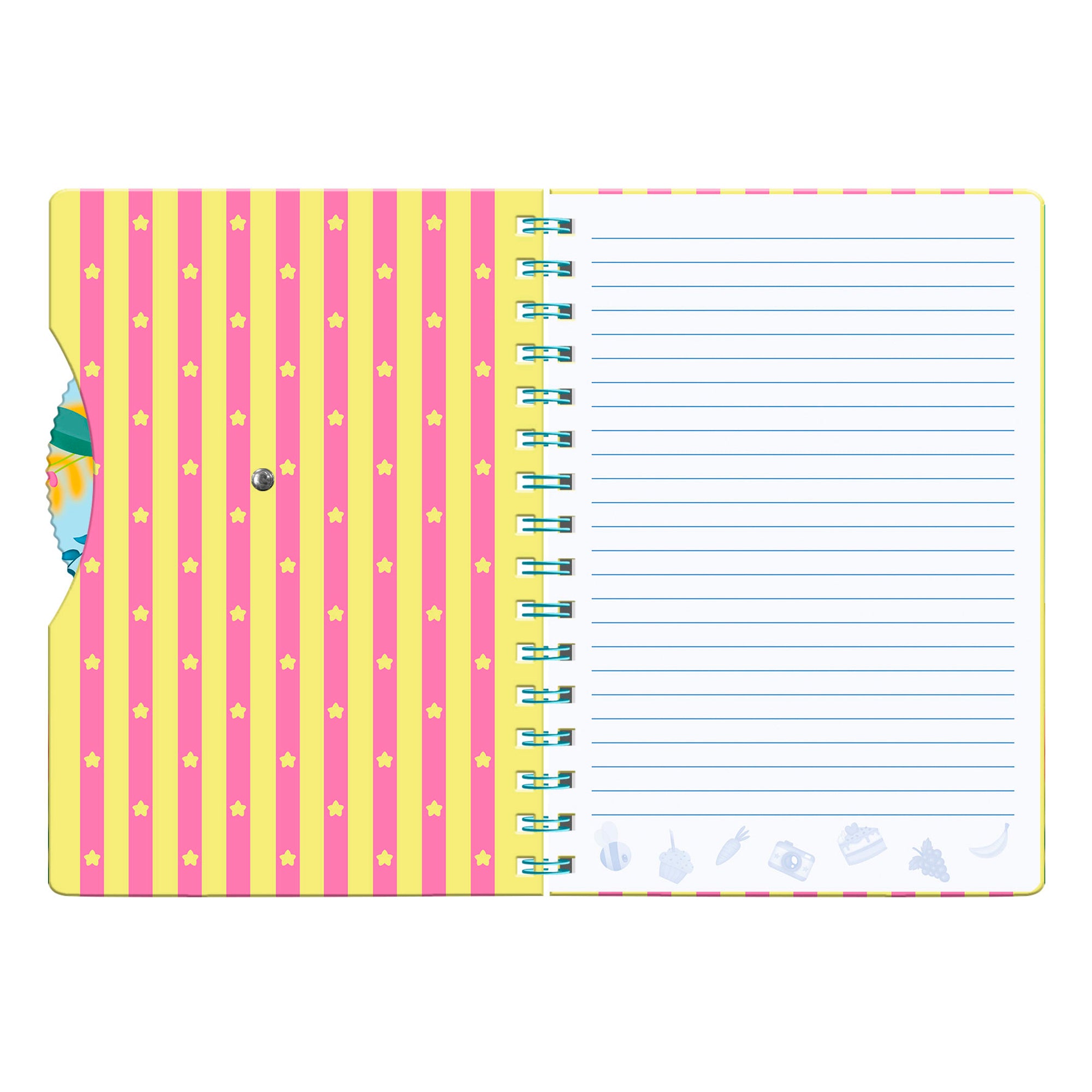 The Santoro Bangoberry Story Wheel Notebook Picnic on the Hill features an open spiral binding, a yellow and pink striped left page with paw prints and a pocket, plus a lined right page with blue lines and gray Bango Bunch icons—ideal for journaling.