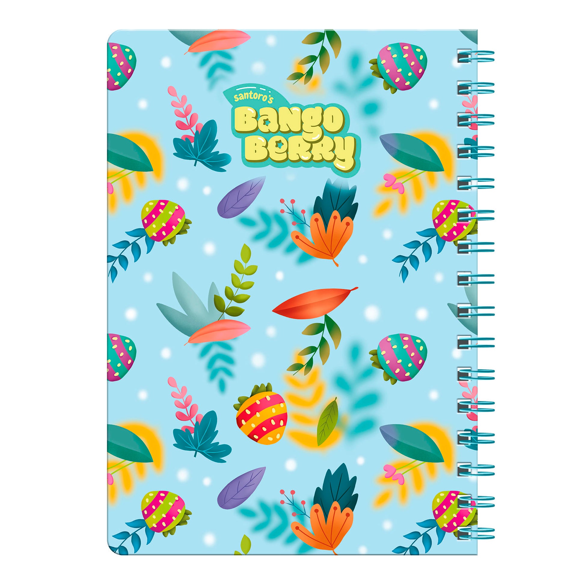 The Bangoberry Story Wheel Notebook Picnic on the Hill by Santoro is spiral-bound with a blue cover, colorful leaves, flowers, berry shapes, and "Santoro’s Bangoberry" in bright yellow and green at the top—perfect for journaling.