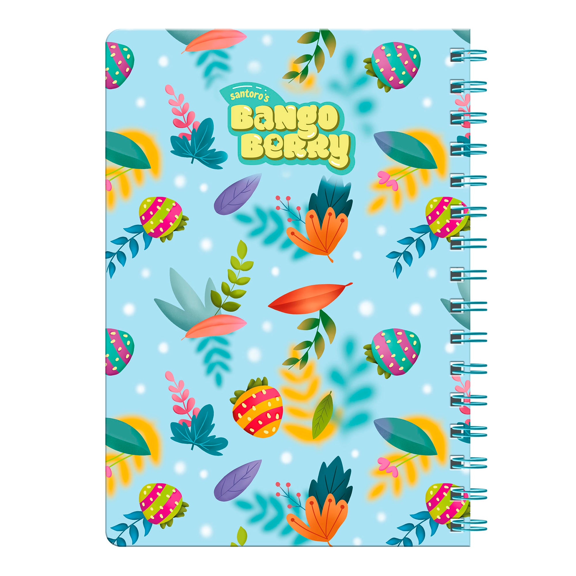 The Bangoberry Story Wheel Notebook Picnic on the Hill by Santoro is spiral-bound with a blue cover, colorful leaves, flowers, berry shapes, and "Santoro’s Bangoberry" in bright yellow and green at the top—perfect for journaling.