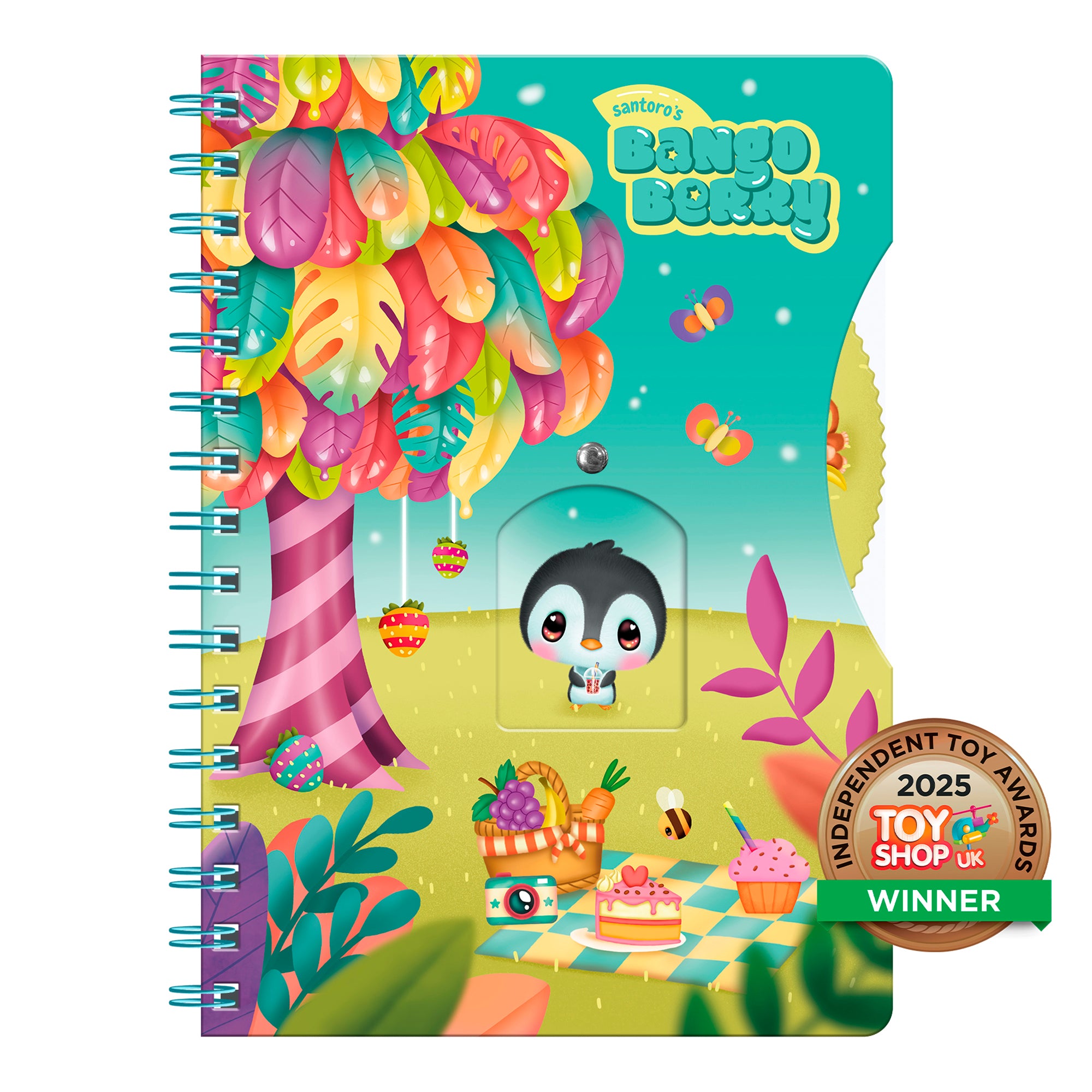 The Bangoberry Story Wheel Notebook Picnic on the Hill by Santoro features a whimsical tree, picnic scene, and panda, plus a 2025 Toy Shop UK Awards winner badge—perfect for journaling.