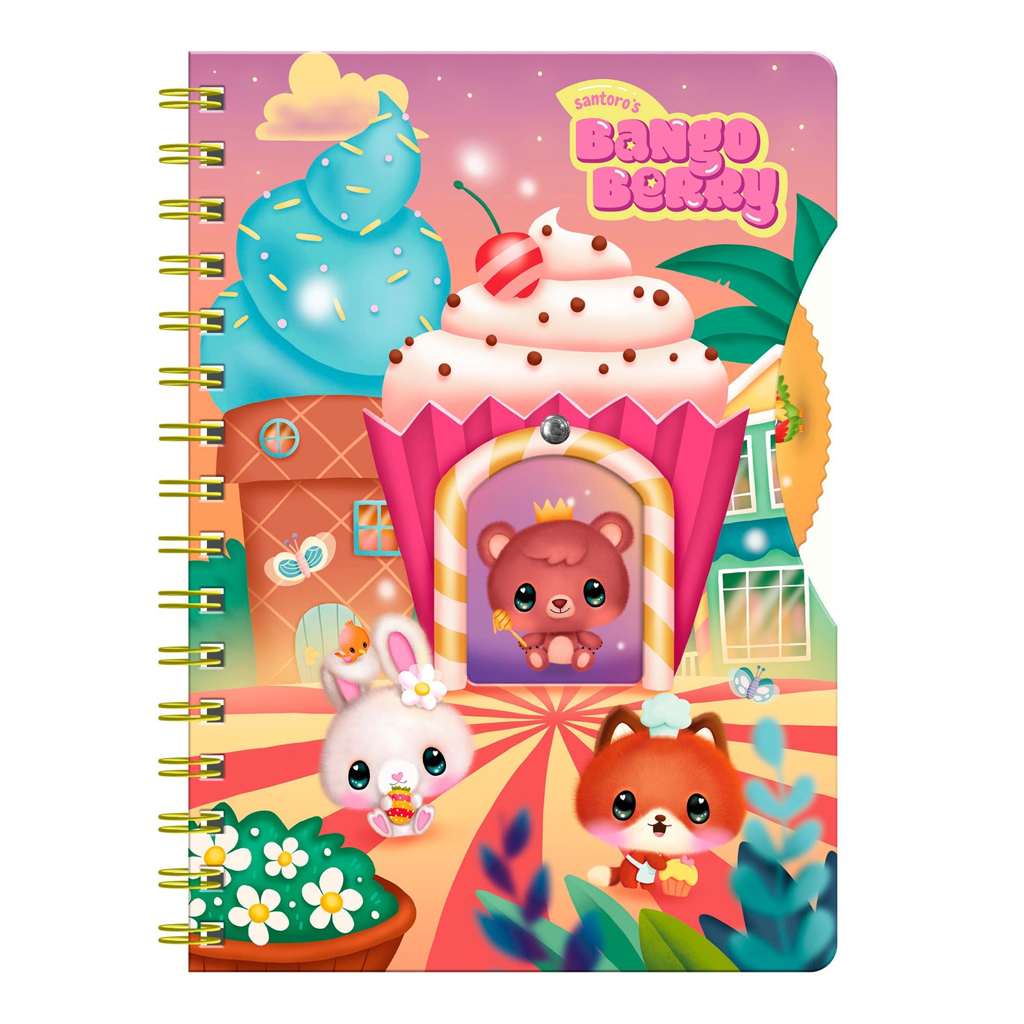The Bangoberry Story Wheel Notebook - Sweet Summer by Santoro features spiral binding, cute cartoon animals like a bear in a cupcake, and a whimsical summer-themed background with fun houses and a giant cupcake mountain.