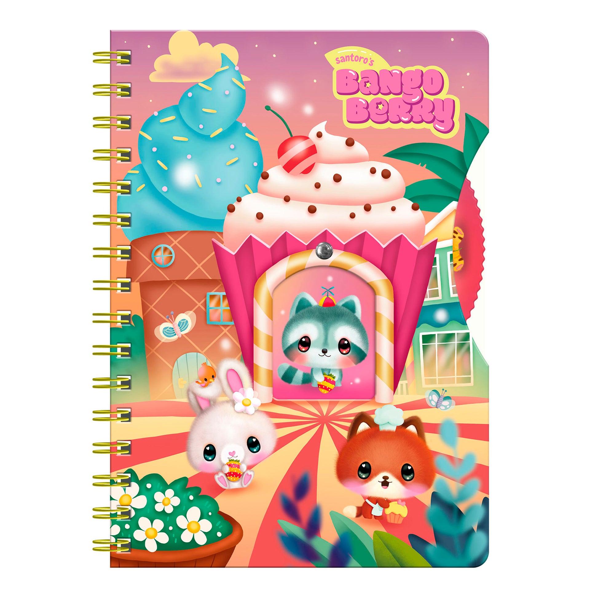Bright spiral cover for Santoro’s Bangoberry Story Wheel Notebook - Sweet Summer, featuring cute animals before a cupcake-themed building—perfect for summer journaling. Cover text: Santoros Bango Berry.