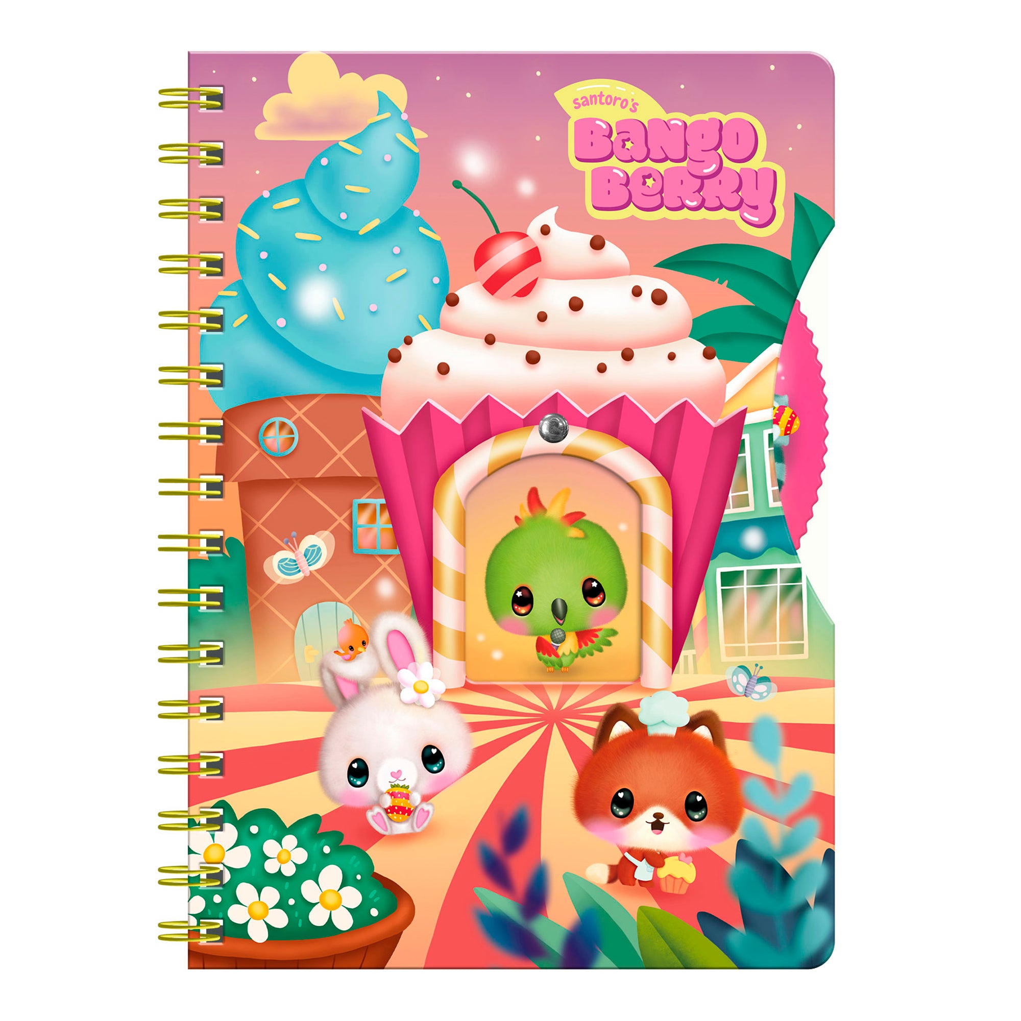 A vibrant summer-themed Bangoberry Story Wheel Notebook - Sweet Summer by Santoro features a giant cupcake building, cute animals with treats, pastel houses and trees, plus "Santoro’s Bangoberry" on the cover—perfect for journaling.