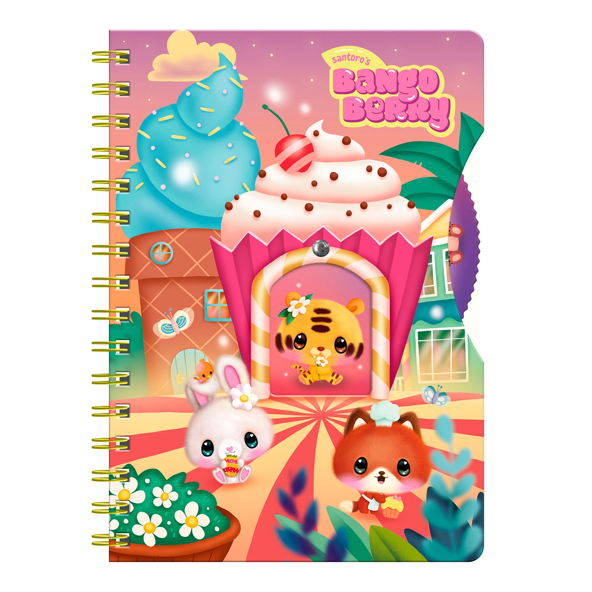 The Santoro Bangoberry Story Wheel Notebook - Sweet Summer features a colorful cover with cute cartoon animals—a bunny, tiger, and fox—by a cupcake house, surrounded by whimsical summer-themed buildings, candy, and ice cream decorations.