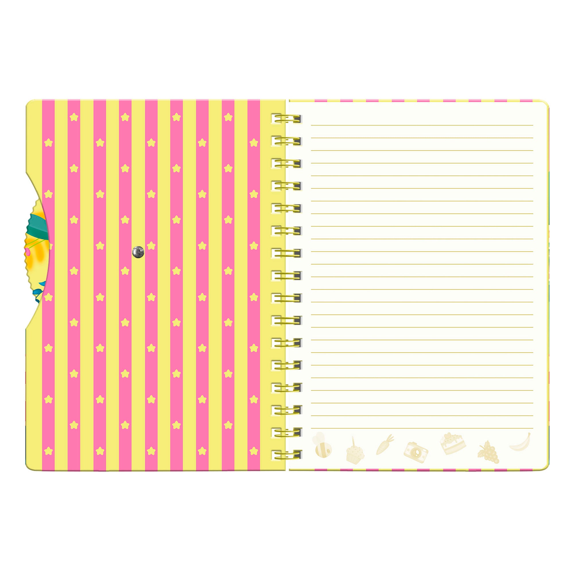 The Santoro Bangoberry Story Wheel Notebook - Sweet Summer features an open spiral design with a pink and yellow paw-print page on the left and a lined right page accented by light yellow icons—ideal for journaling.