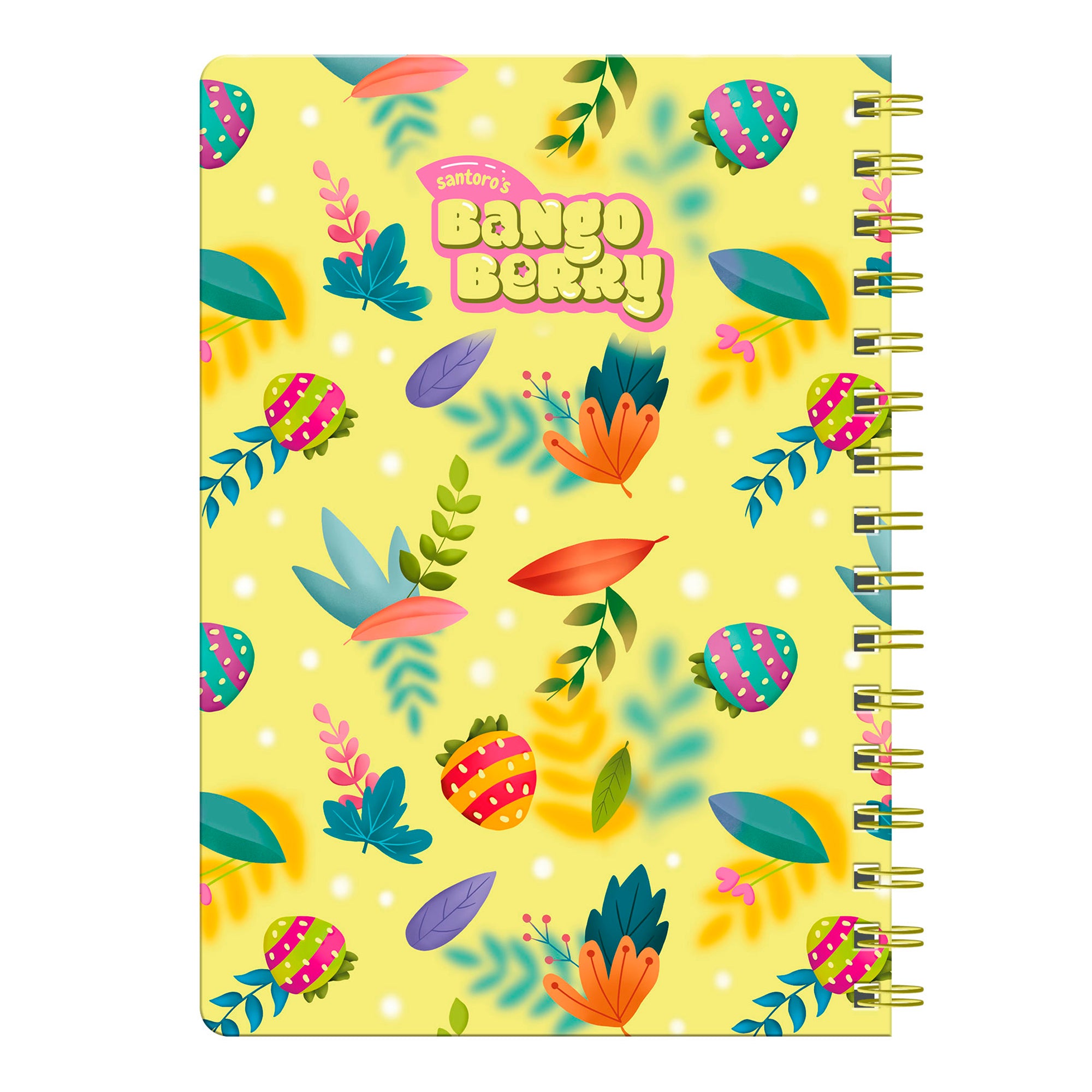 The Bangoberry Story Wheel Notebook - Sweet Summer by Santoro features a yellow cover with vibrant cartoon berries, leaves, and flowers. "Santoro's Bango Berry" is printed in bold at the top—ideal for summer-inspired journaling.