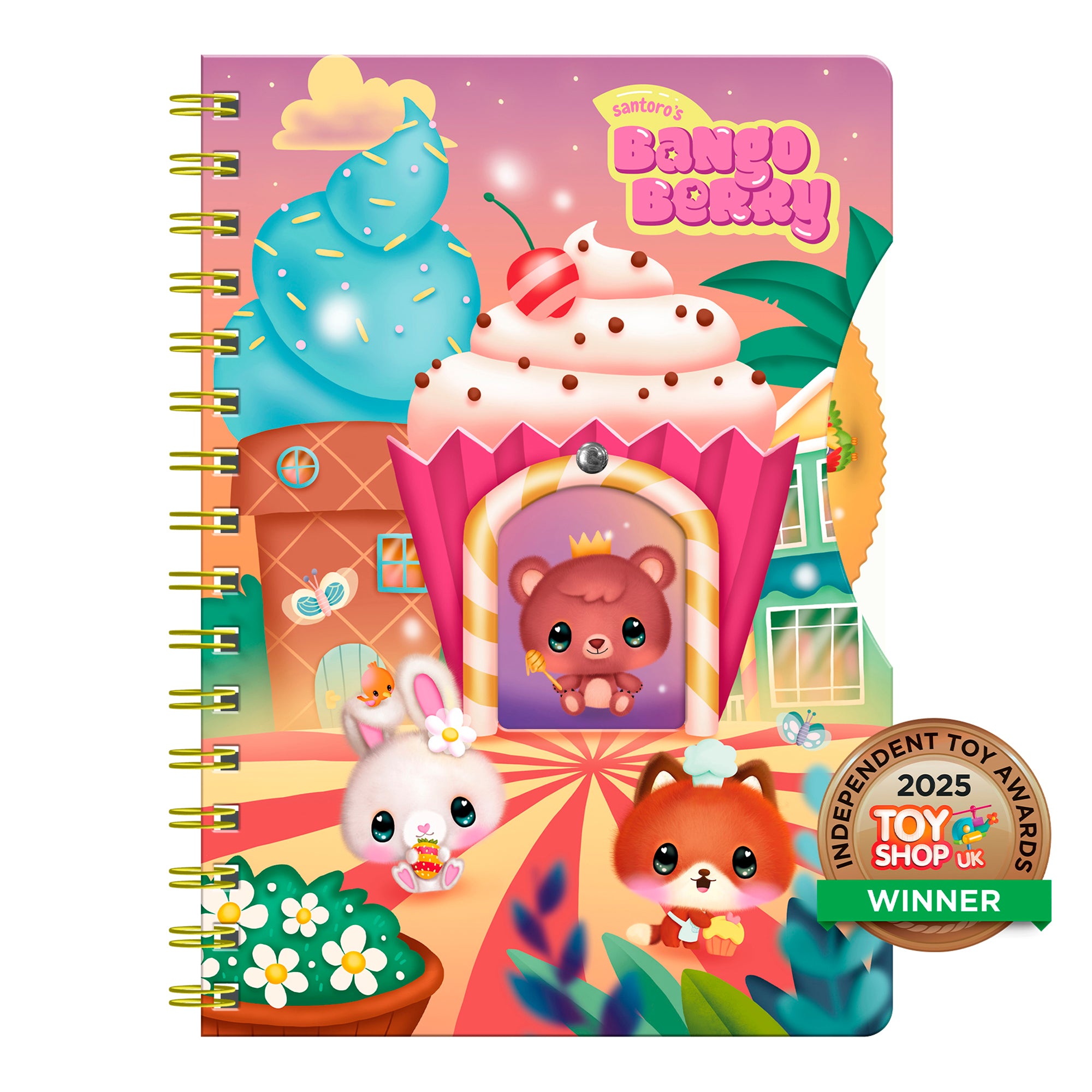 The Bangoberry Story Wheel Notebook - Sweet Summer by Santoro features a vibrant cover with berry animals, a big cupcake, and playful houses. Winner of the 2025 Toy Shop UK Independent Toy Awards—perfect for journaling!.
