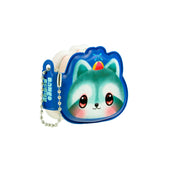 A small Bangoberry Puffy Keychain Notebook featuring a cute raccoon face with big eyes, pink cheeks, a colorful hat, and an attached keychain—perfect for notes on the go.