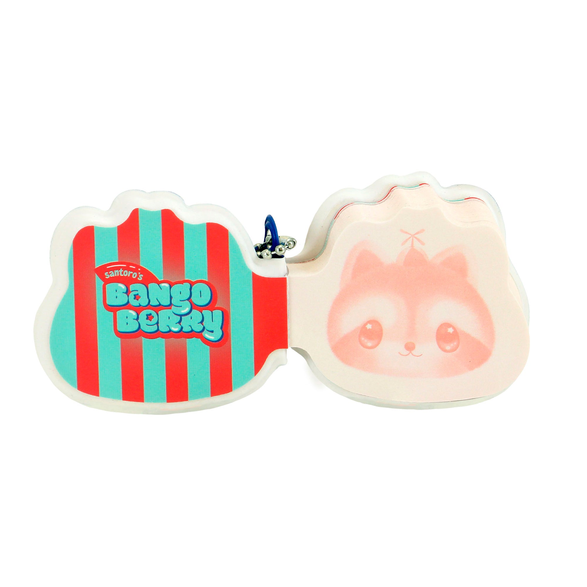 The Bangoberry Puffy Keychain Notebook Assortment includes an open children’s book with a striped blue and red paw-shaped cover labeled “Bango Berry” on the left and an adorable raccoon illustration on the right.