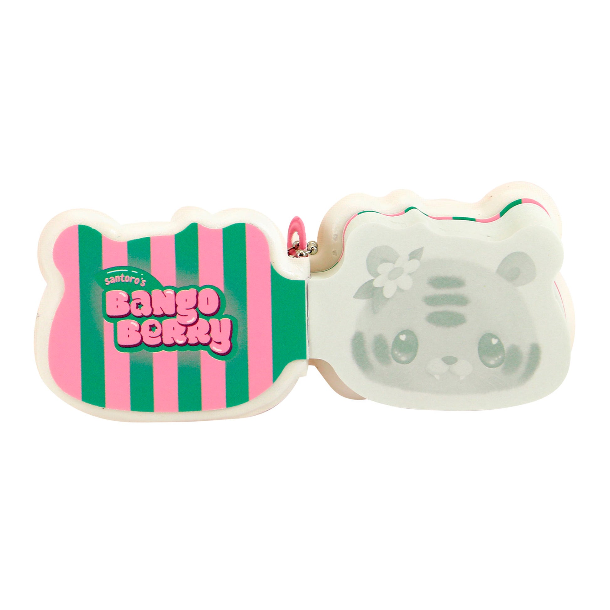 The Bangoberry Puffy Keychain Notebook Assortment features a small, pastel-striped pink and green case with rounded edges, a playful tiger face with a flower on its head, and a cute design.