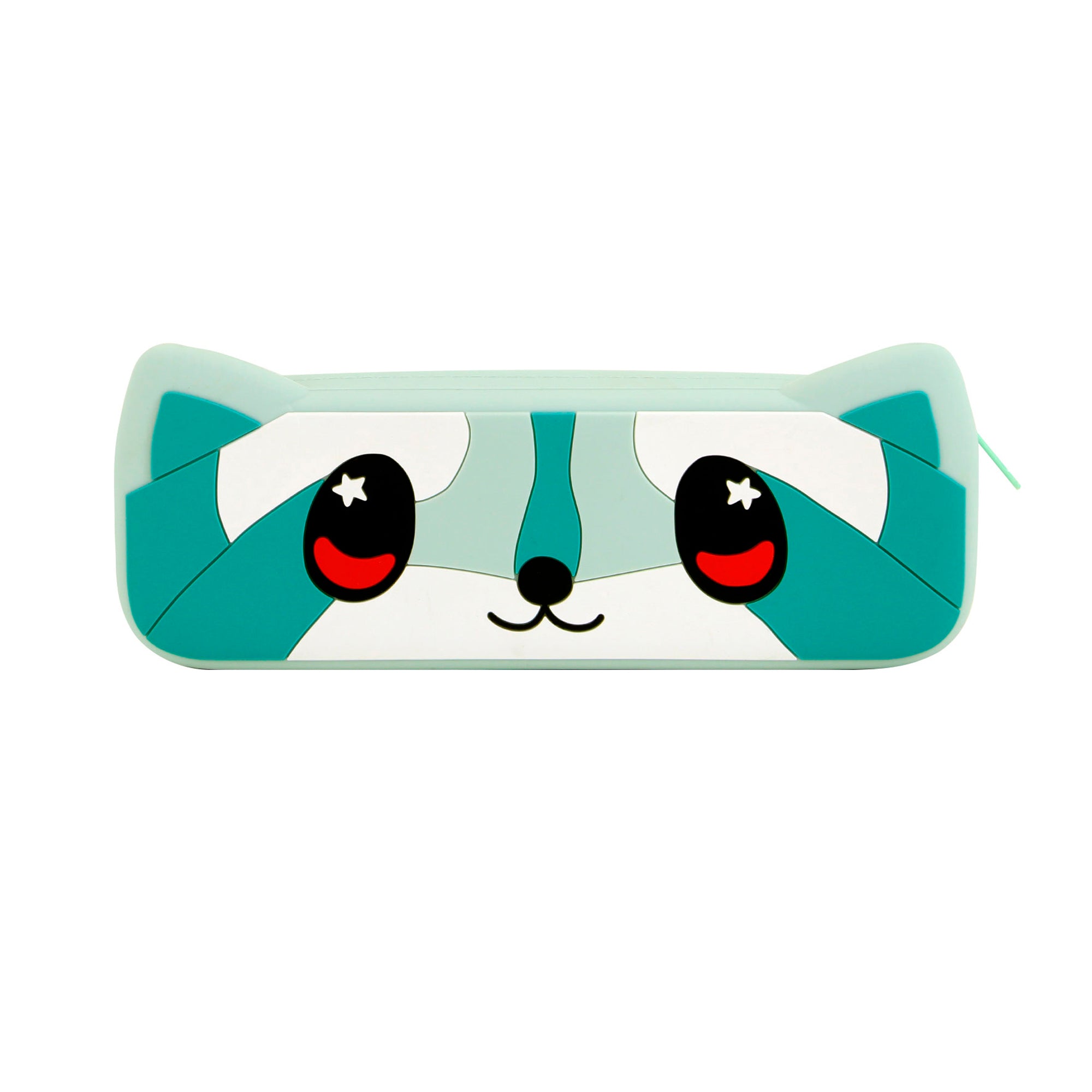 The Santoro Bangoberry Remy Raccoon Pencil Case features a rectangular shape, adorable teal, white, and black cartoon raccoon face with red cheeks and corner ears. The zipper is visible at the top—perfect for fans of cute stationery.