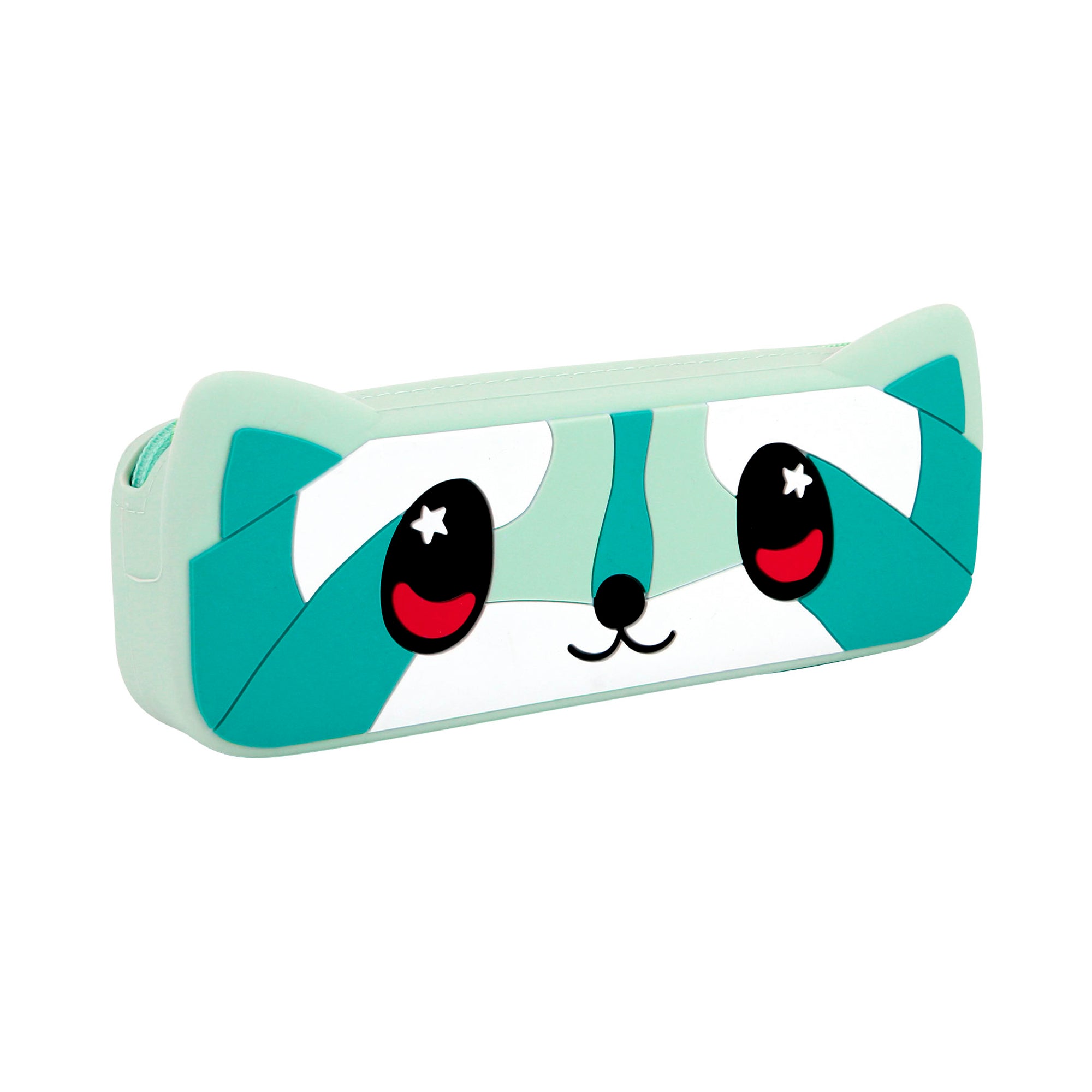 The Santoro Bangoberry Remy Raccoon Pencil Case is a rectangular teal and white case with a cute animal face, starry eyes, black nose, and cat-like ears—perfect for storing your favorite stationery.