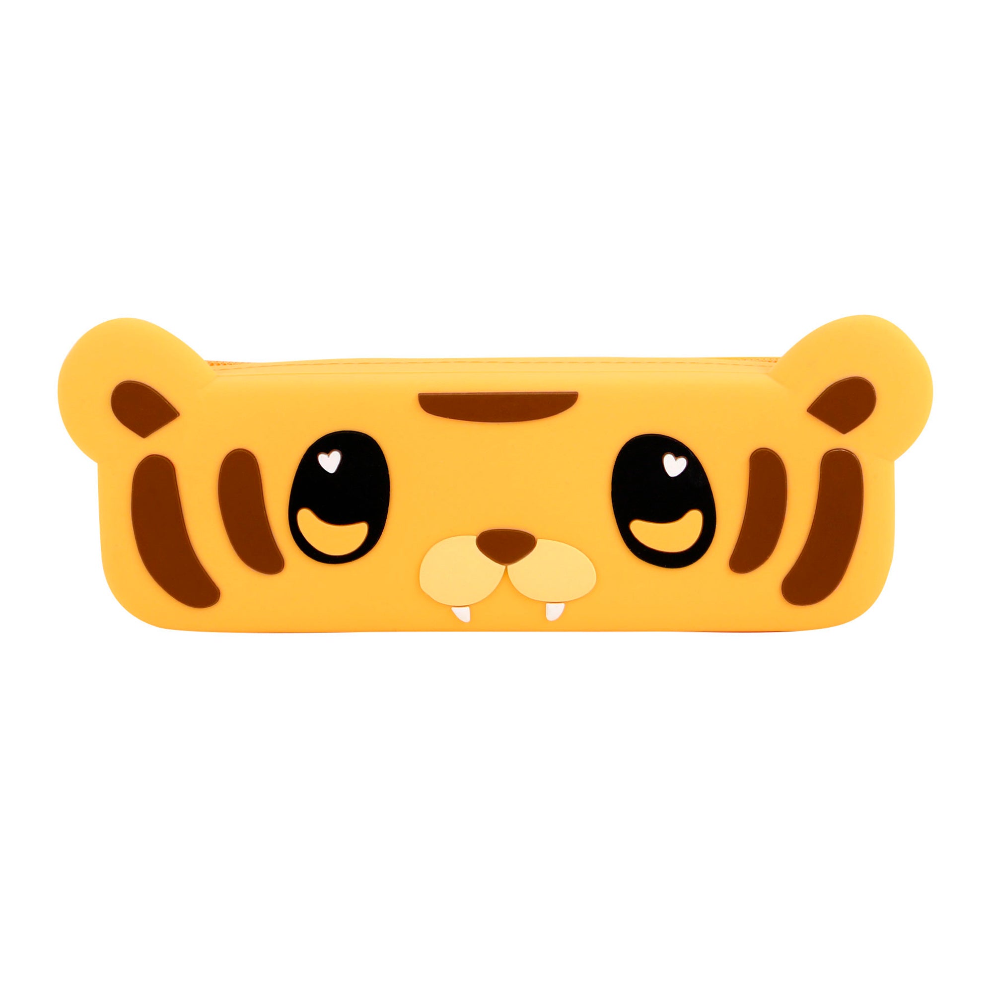 The Santoro Bangoberry Tiggy Tiger Pencil Case is a cute case shaped like a cartoon tiger's face, featuring round ears, big eyes with heart-shaped highlights, and brown stripes—ideal for storing your favorite stationery.