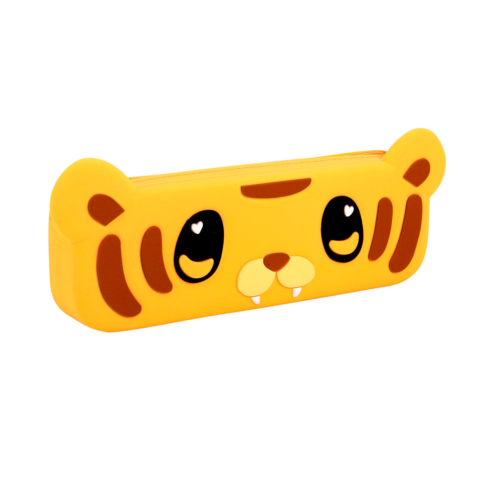 The Santoro Bangoberry Tiggy Tiger Pencil Case features a cute cartoon tiger face with large heart-eyed highlights, rounded ears, and brown stripes—ideal for fans of unique tiger stationery or adorable pencil cases.