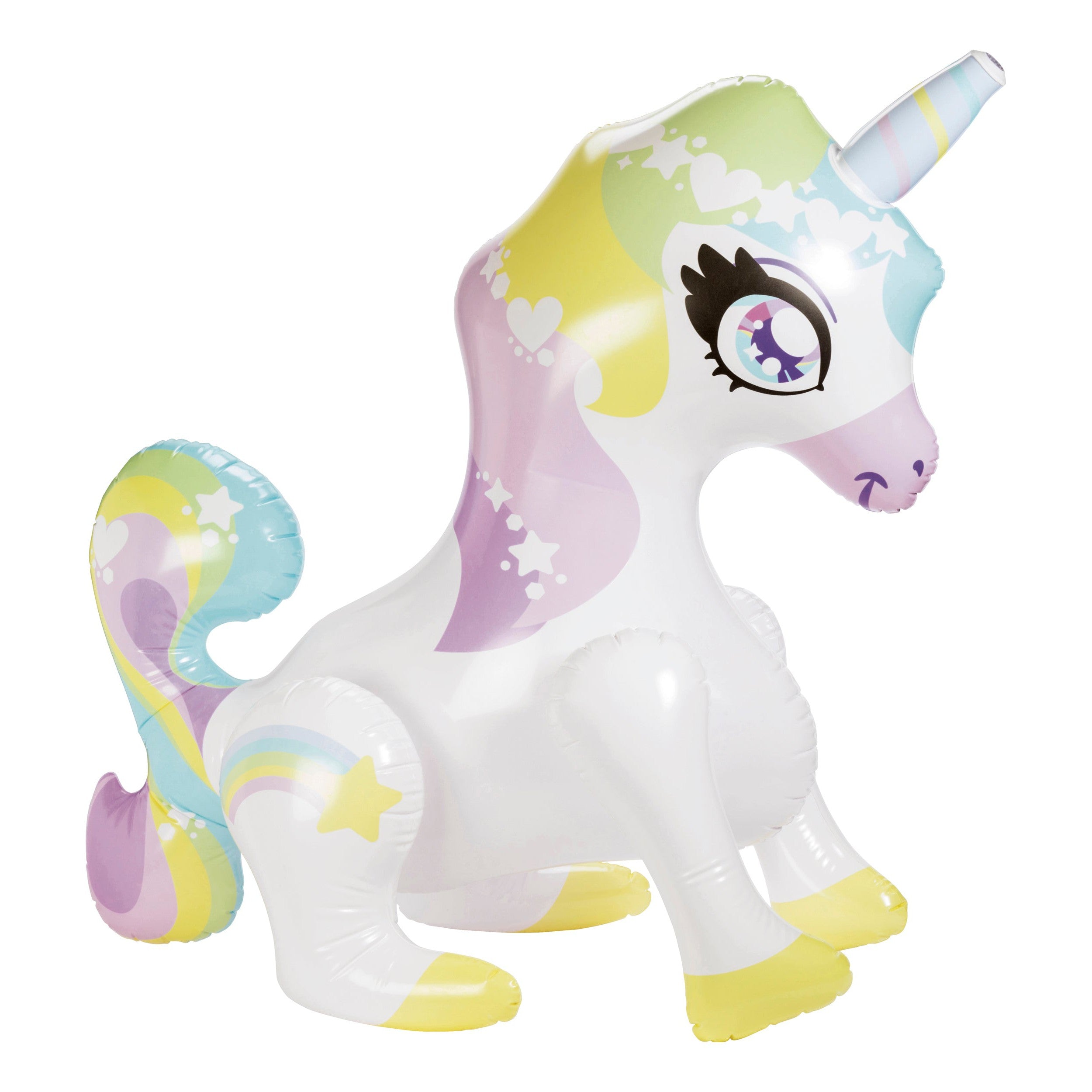 The Toysmith Sprinkler Buddies Mist-Ical Unicorn Sprinkler features pastel colors, big cartoon eyes, a yellow star, and a rainbow mane and tail—perfect for magical backyard water play.