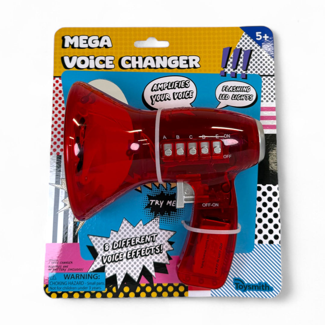 The Toysmith Mega Voice Changer is a red toy megaphone for ages 5+. It amplifies your voice with 8 fun effects and flashing LEDs. Packaged by Toysmith, it's great as a party prop and labeled “Mega Voice Changer.”.