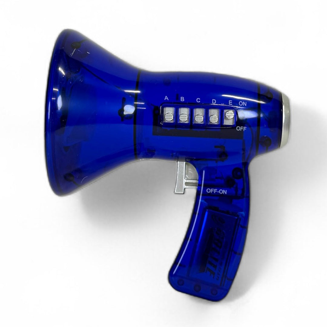 The Toysmith Mega Voice Changer by Toysmith is a blue transparent toy megaphone with labeled buttons and a switch, revealing its inner components—ideal as a fun party prop or multi voice changer, shown on a white background.