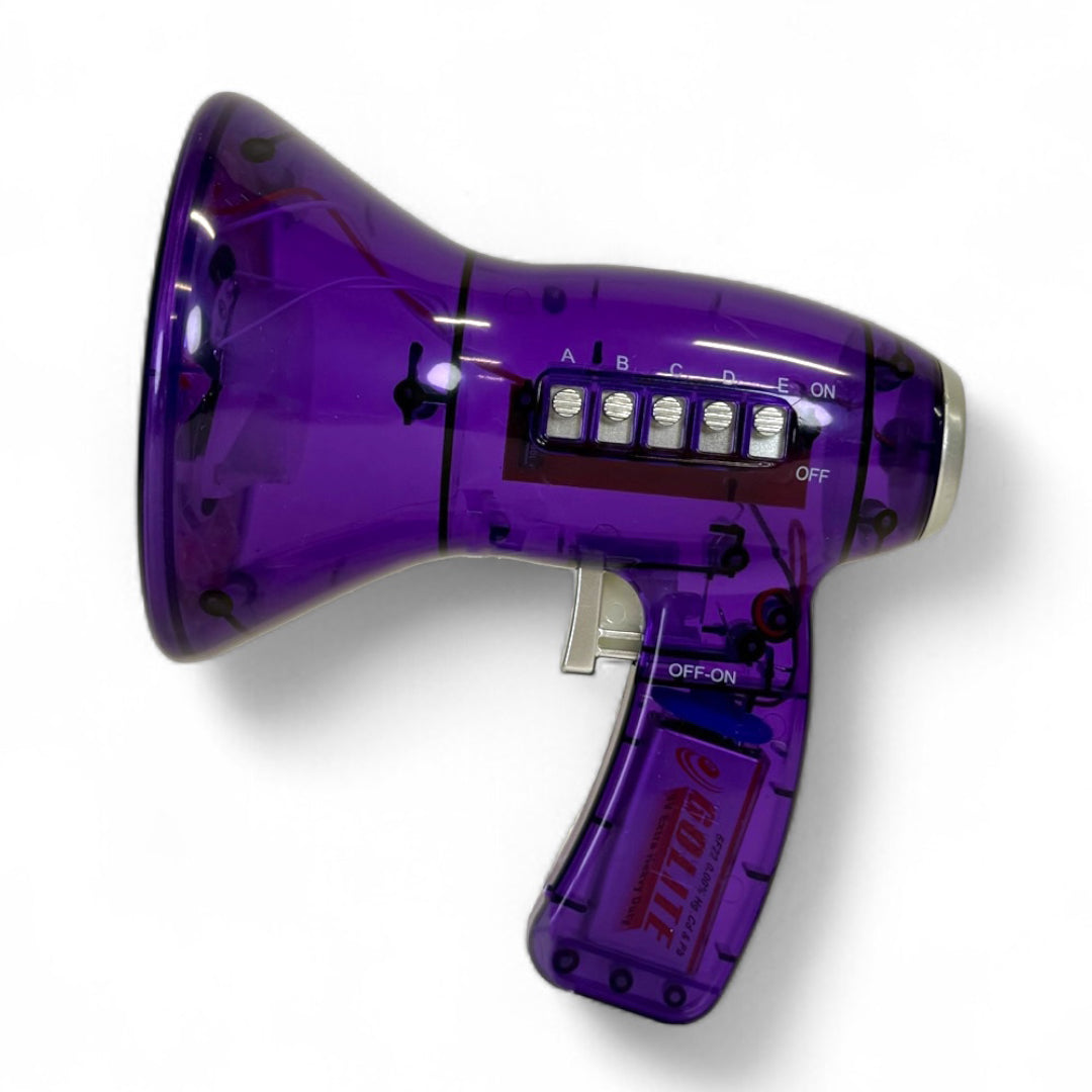 The Toysmith Mega Voice Changer is a translucent purple megaphone with visible components, a silver handle switch, and labeled side buttons—an ideal party prop for fun sound effects.