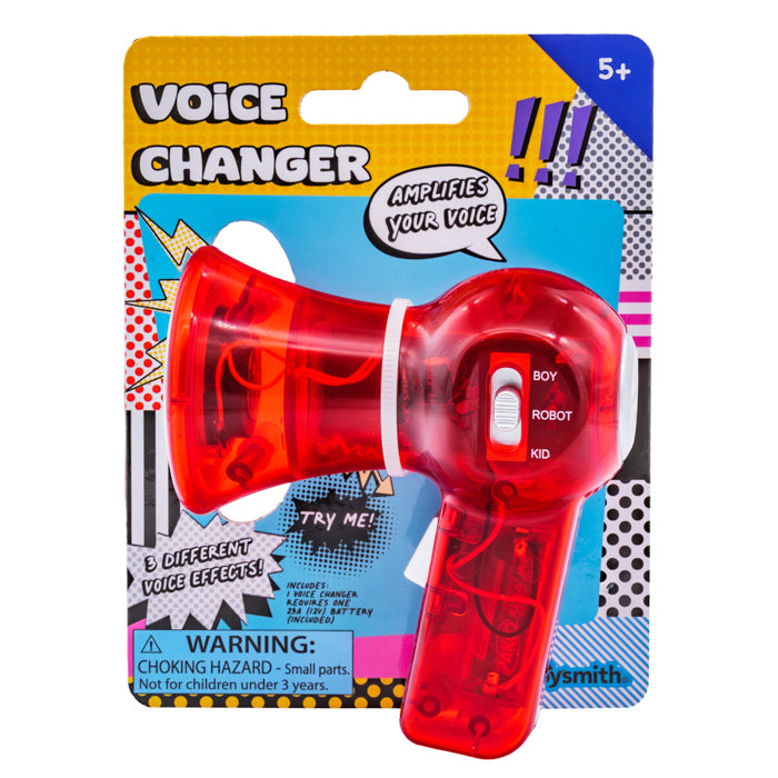 The Toysmith Mini Voice Changer by Toysmith is a red toy in packaging labeled "Voice Changer," with a switch for boy, robot, and kid voices. Comic-style graphics, choking hazard warning; ideal kids party favor. For ages 5+.
