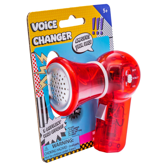 The Toysmith Mini Voice Changer, a red plastic toy by Toysmith, comes in colorful packaging with comic-style graphics. Labeled ‘Voice Changer’ and featuring 8 fun voice effects, it’s a kids party favor for ages 5+, with small parts warning.
