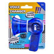 The Toysmith Mini Voice Changer by Toysmith is a blue plastic toy for ages 5+, featuring boy, robot, and kid voice effects. Comic-style packaging makes it an ideal kids party favor. Includes a warning label at the bottom left.