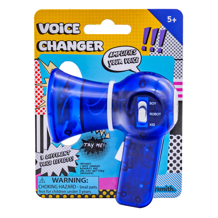 The Toysmith Mini Voice Changer by Toysmith is a blue plastic toy for ages 5+, featuring boy, robot, and kid voice effects. Comic-style packaging makes it an ideal kids party favor. Includes a warning label at the bottom left.