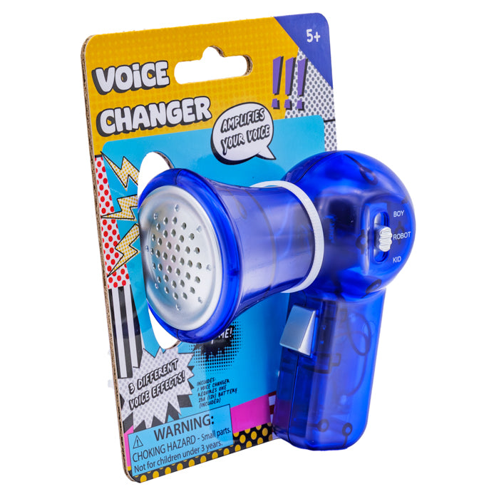 The Toysmith Mini Voice Changer by Toysmith is a blue plastic toy in comic-style packaging, featuring 8 fun voice effects—ideal as a kids party favor. Packaging includes a warning about small parts for children under 3.