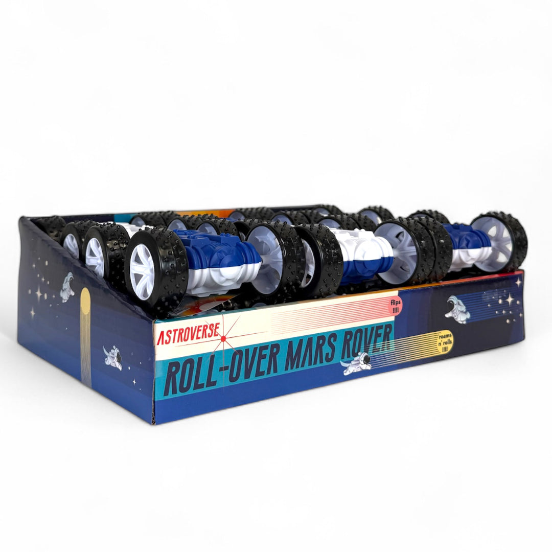 An Astroverse Roll Over Mars Rover box from Astroverse contains friction-powered, double-sided flip play Mars rover toys featuring large black wheels, white bodies, and blue accents, displayed on a white background.