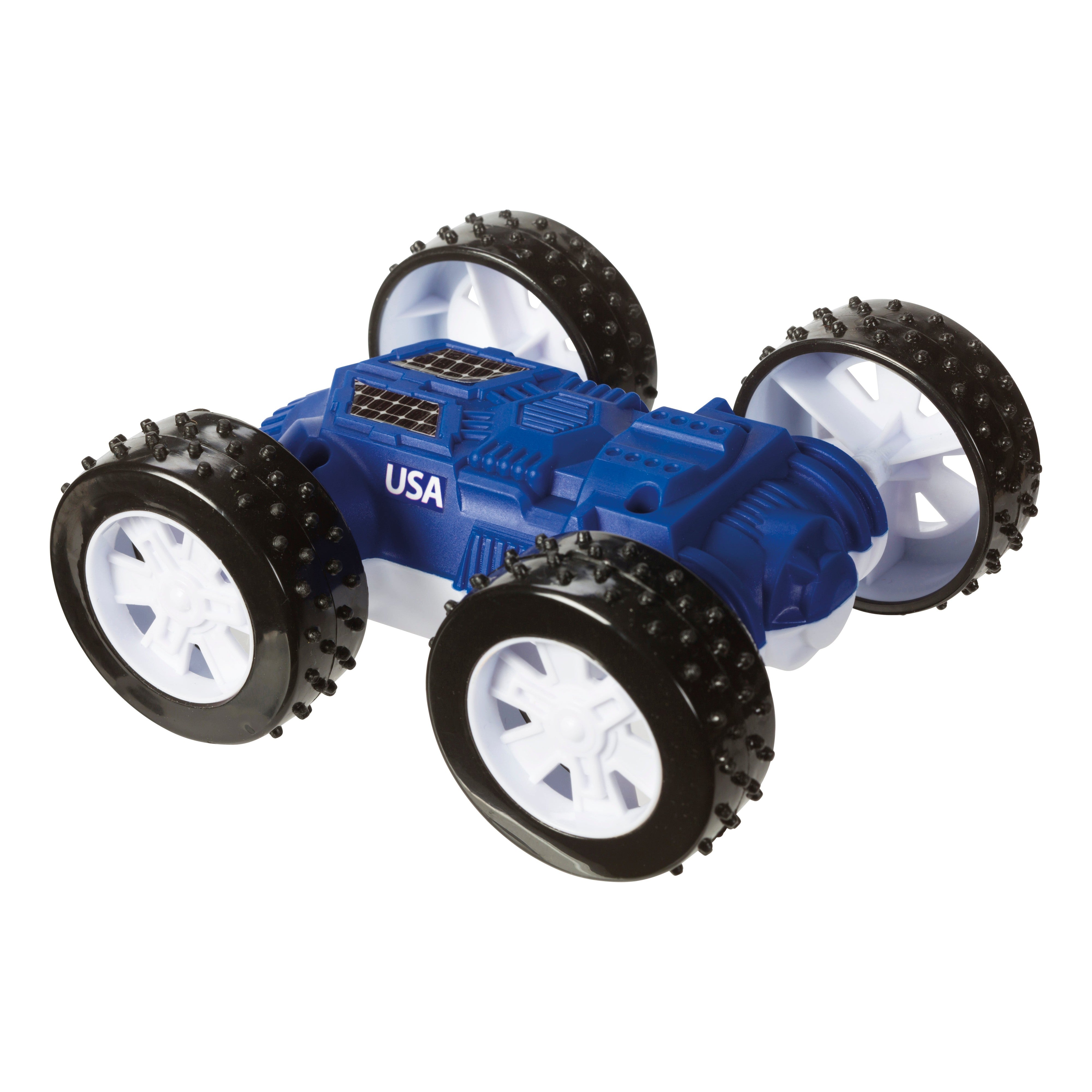 The Astroverse Roll Over Mars Rover by Astroverse is a blue friction-powered car with solar panels, black and white wheels, and USA label, designed for all-terrain double-sided flip play inspired by Mars rovers.