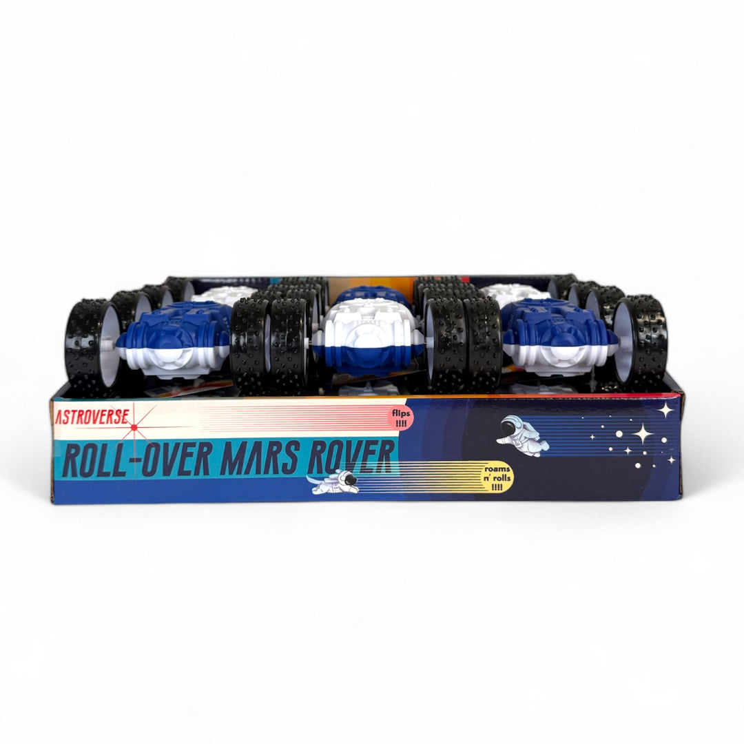 The Astroverse Roll Over Mars Rover by Astroverse is a friction-powered car with black and blue wheels, double-sided flip play, and comes in a space-themed box labeled "Roll Over Mars Rover"—ideal for out-of-this-world adventures.