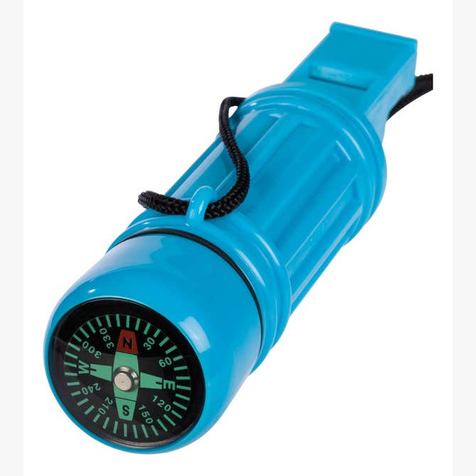 The Outdoor Discovery Survival Compass by Outdoor Discovery is a blue plastic whistle with an attached black lanyard and a built-in compass showing cardinal directions—an essential tool for your next adventure.
