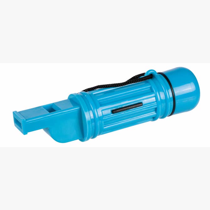 A blue plastic emergency whistle with a black lanyard, ideal for safety and signaling, is the perfect companion to the Outdoor Discovery Survival Compass by Outdoor Discovery.