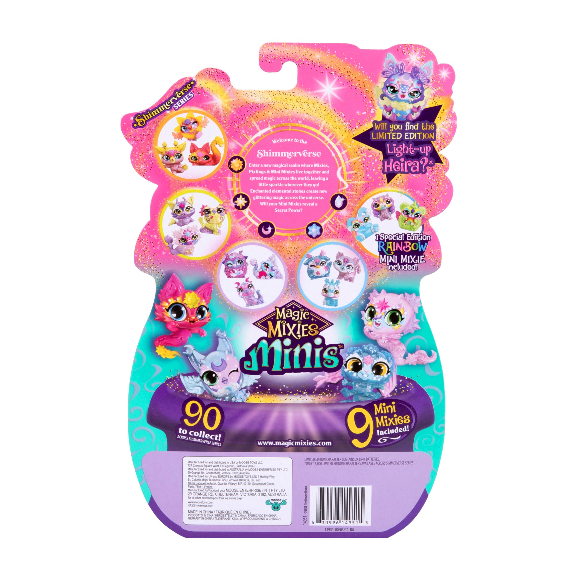 Back of Magic Mixies Mixlings S1 9PK Super Sparkle packaging, featuring vibrant images of magical animal figurines. Colorful purple, pink, and teal design highlights 90 collectible surprise toys and 9 included Mixlings.