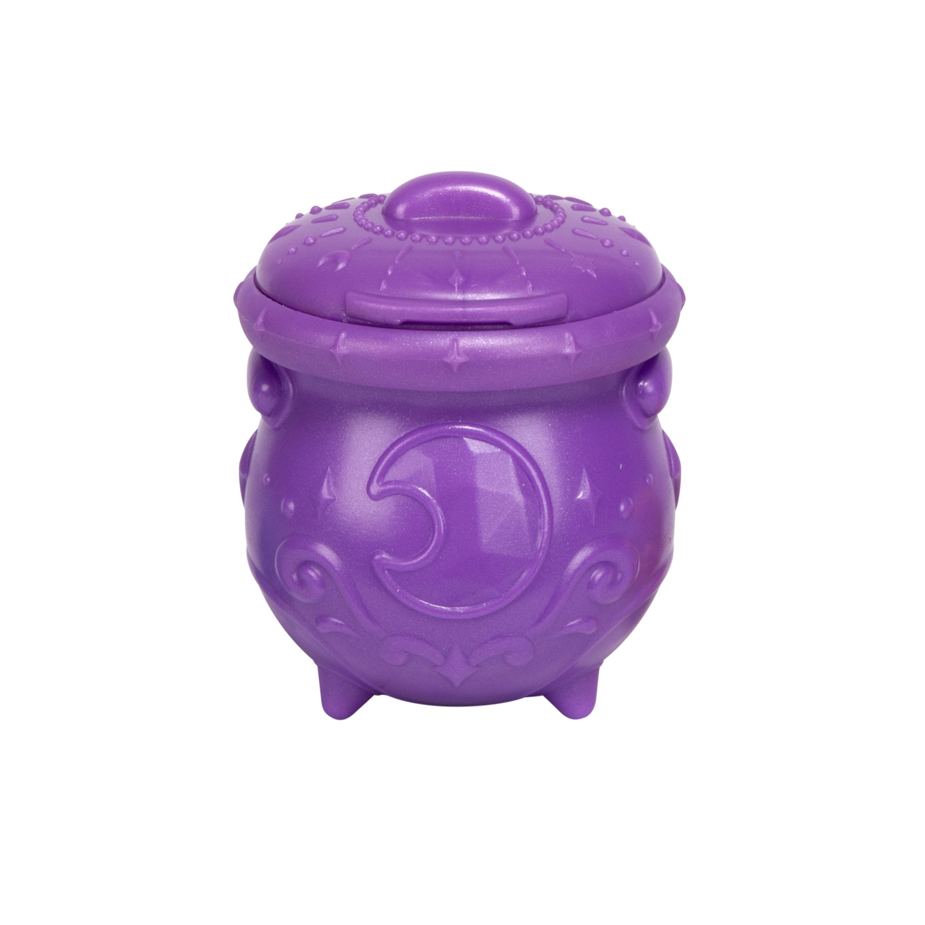 A small purple plastic cauldron with a lid, decorated with crescent moon and star patterns, inspired by Magic Mixies Mixlings S1 9PK Super Sparkle collectible toys, set against a plain white background.