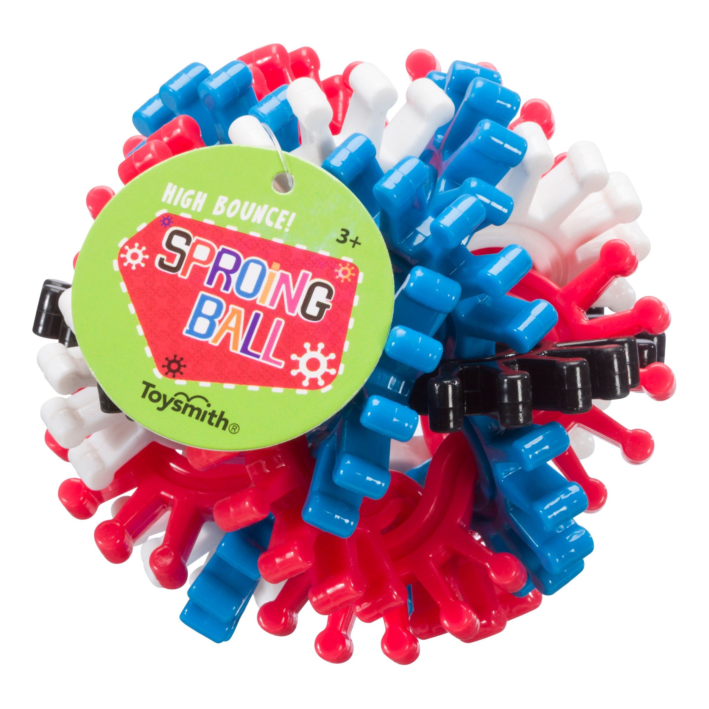 The Toysmith Sproing Ball by Toysmith features interlocking rubber gears in red, blue, black, and white with a green "High Bounce!" tag. Great for ages 3+ who love bouncy balls and vibrant play.