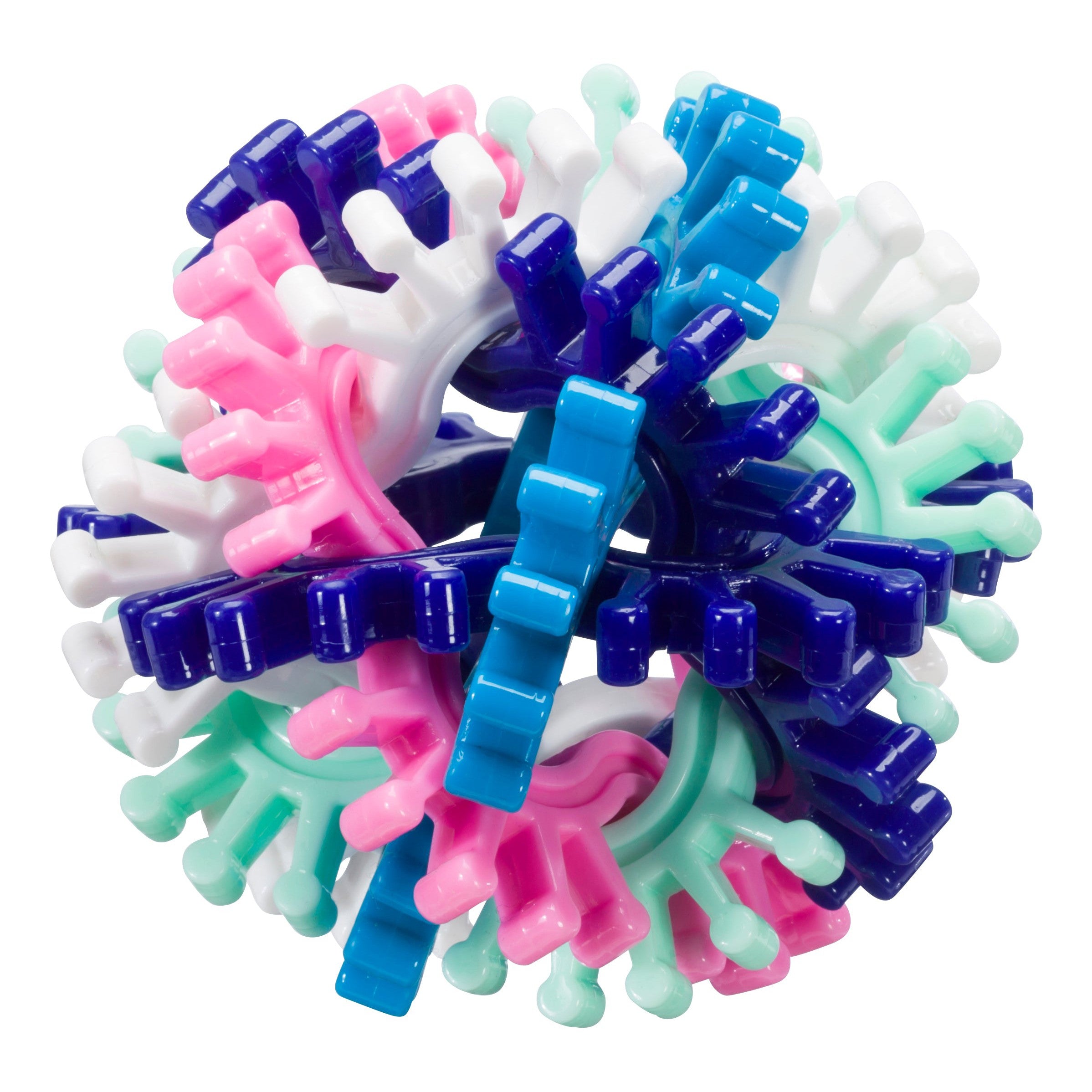 The Toysmith Sproing Ball by Toysmith features interlocking rubber gears and flexible plastic pieces in pink, blue, white, mint green, and navy for a fun, colorful spherical toy.