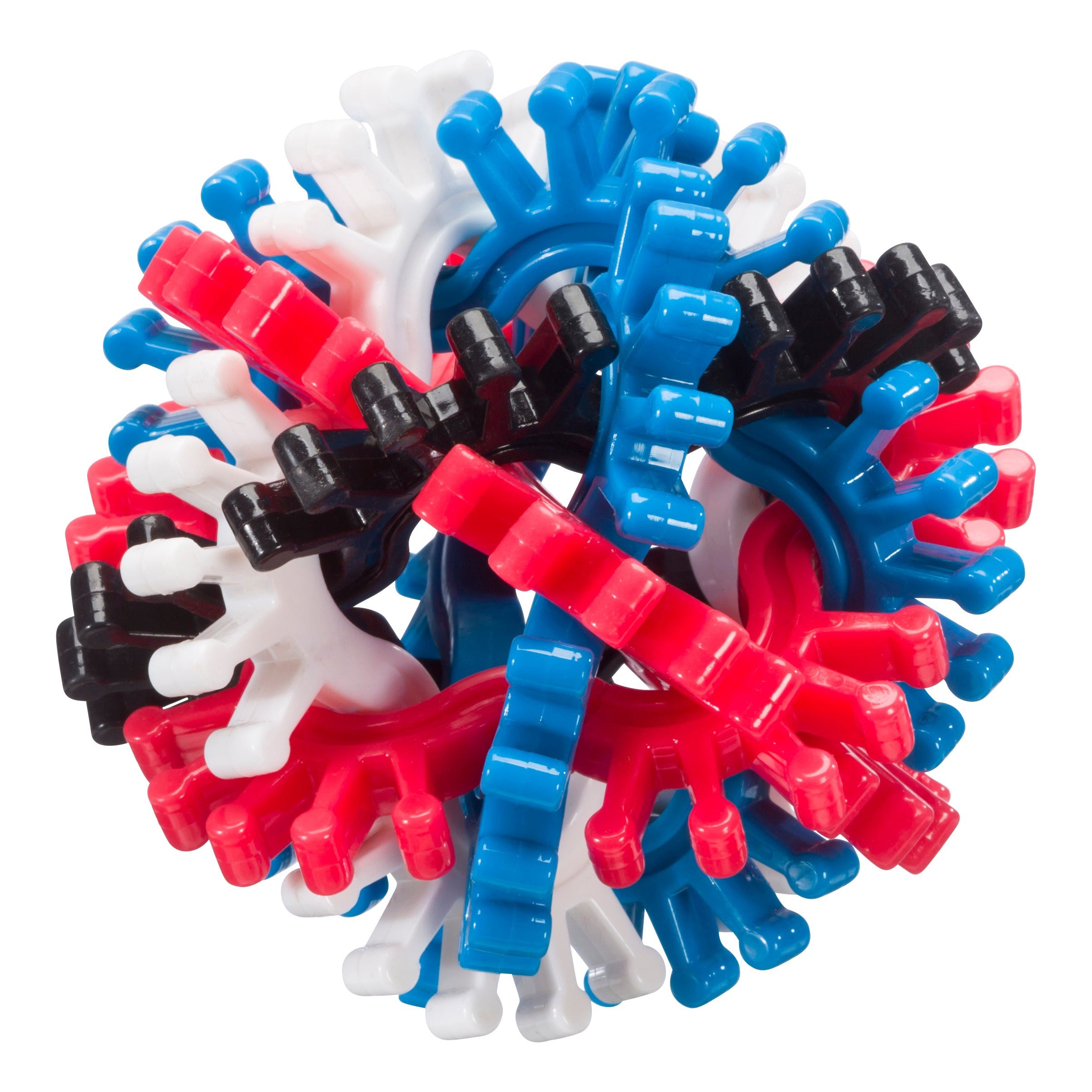 The Toysmith Sproing Ball by Toysmith features interlocking rubber gears in red, blue, black, and white, creating a spiky, playful sphere reminiscent of bouncy balls with gear-like pieces.