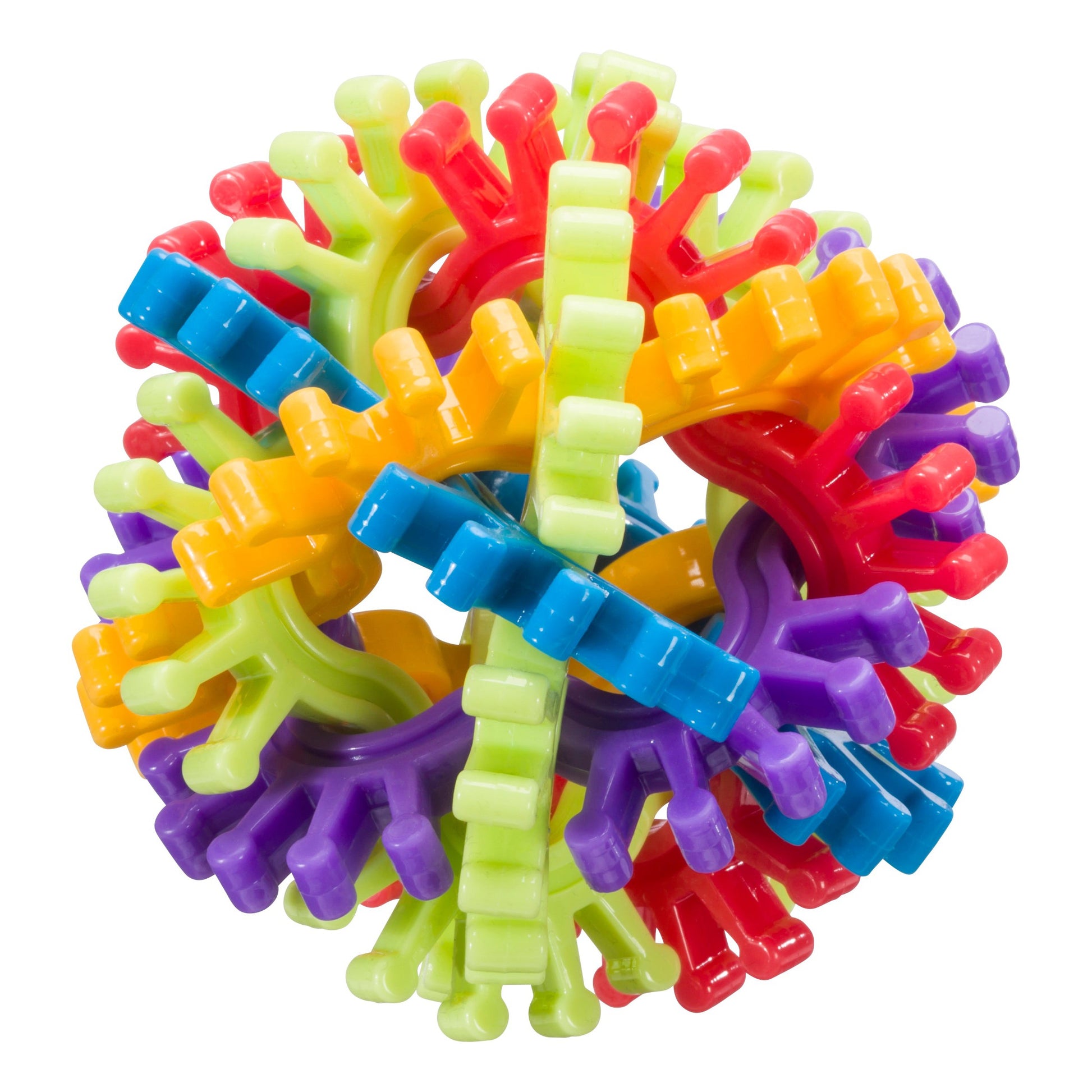 The Toysmith Sproing Ball by Toysmith features interlocking rubber gears in green, red, yellow, blue, orange, and purple that form a spiky, playful sphere resembling a colorful bouncy ball.