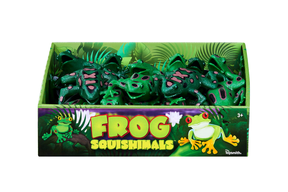 The Toysmith Frog Squishimals display box features green frog toys with fun illustrations and "Frog Squishimals" text on the front. Great for fidgeting and sensory play, these Toysmith toys are suitable for ages 3 and up.