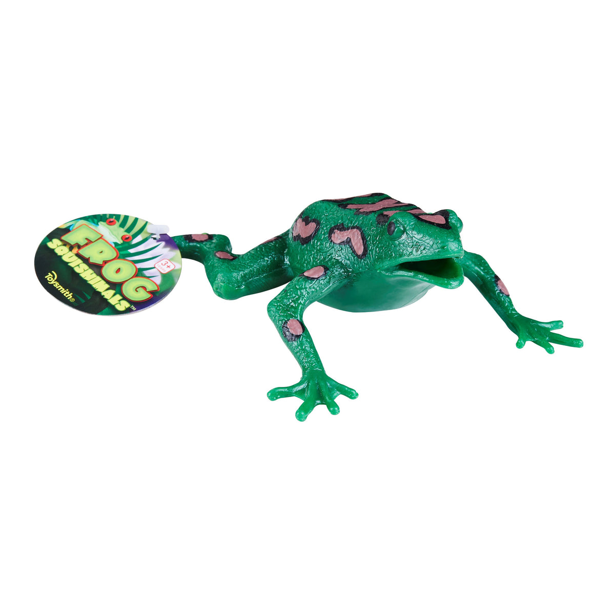 The Toysmith Frog Squishimals by Toysmith is a green rubber toy with pink spots and a "Frog" tag on its leg, ideal for sensory play or fidgeting, displayed against a white background.