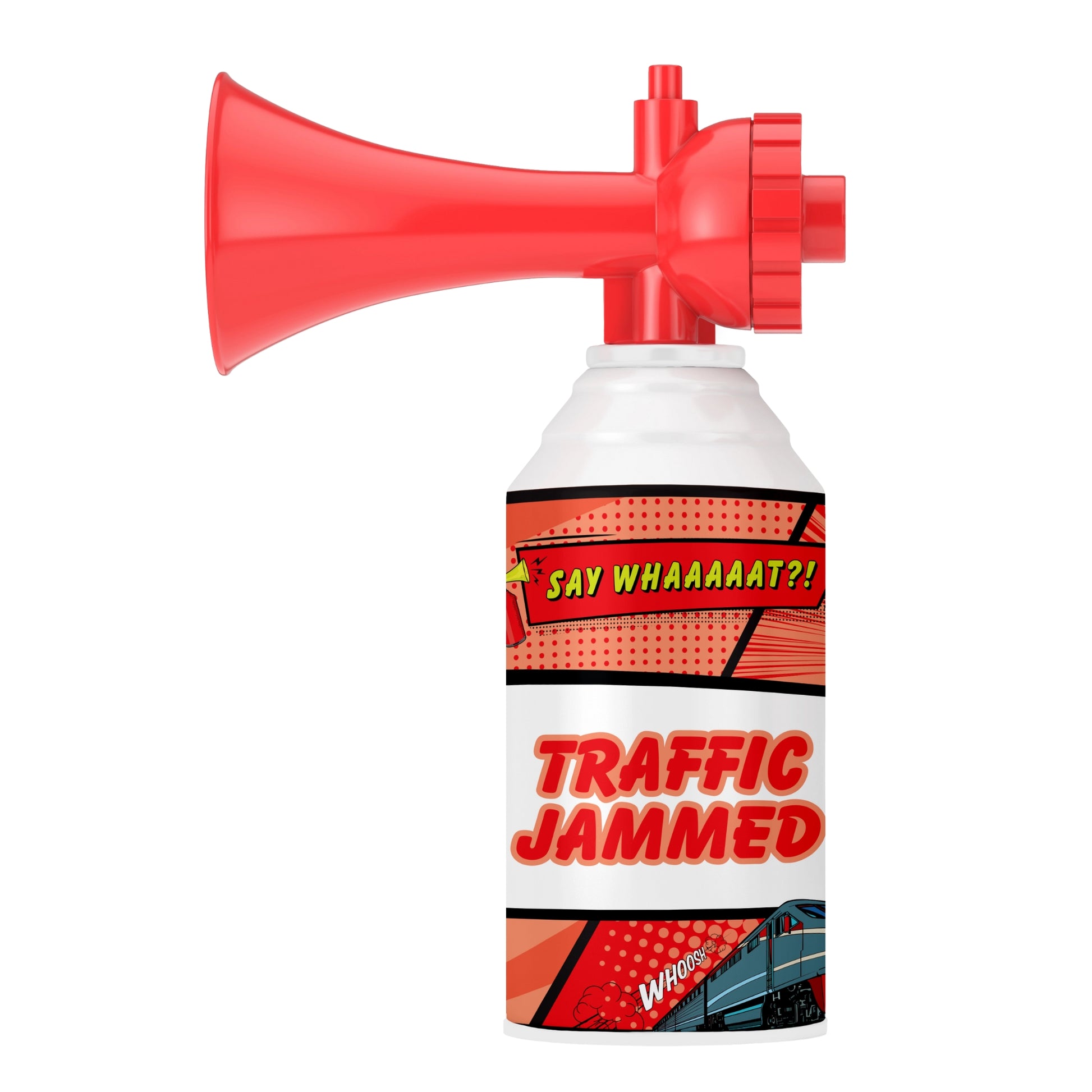 The Say Whaaaaat?! Mini Air Horn is a collectible red can with comic-style graphics, an illustrated car, motion lines, and the phrase “SAY WHAAAAAT?!”—ideal for novelty air horn fans.