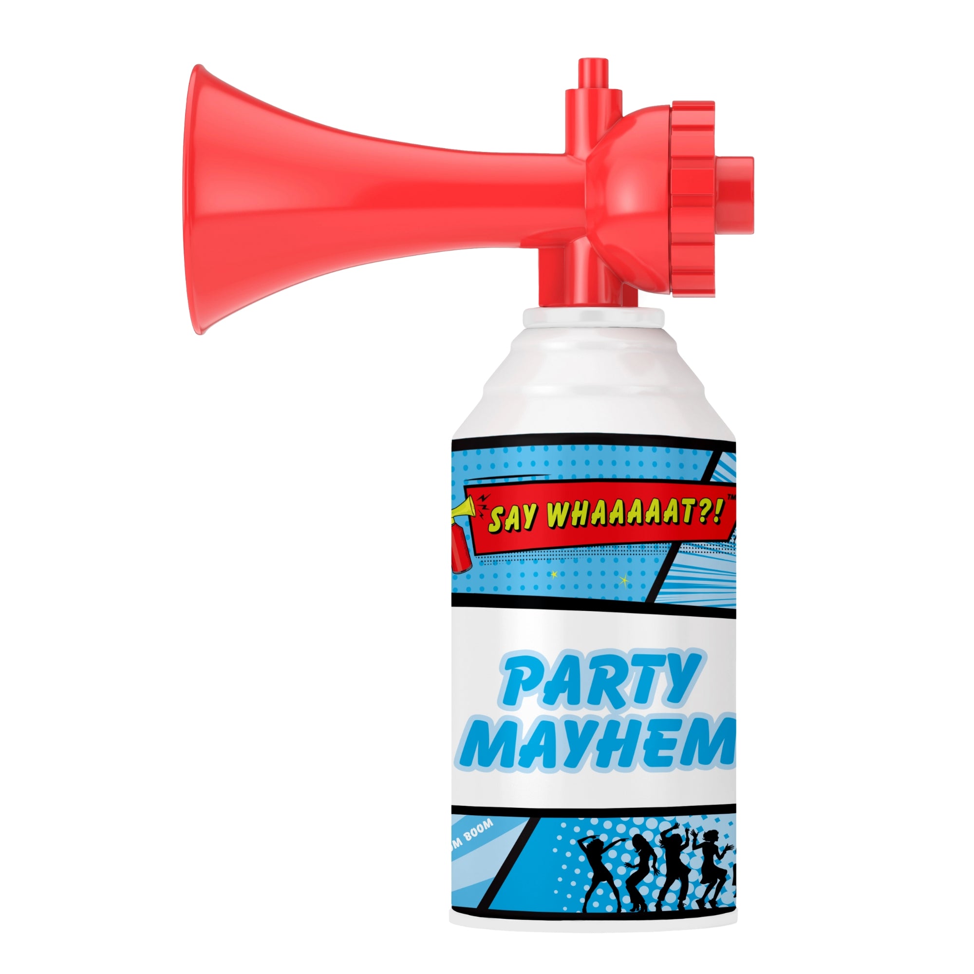 The Say Whaaaaat?! Mini Air Horn features bold blue "Party Mayhem" text, comic-style graphics, and "Say Whaaaat?!" at the top. Silhouettes of dancing people at the bottom make it a fun collectible novelty item.