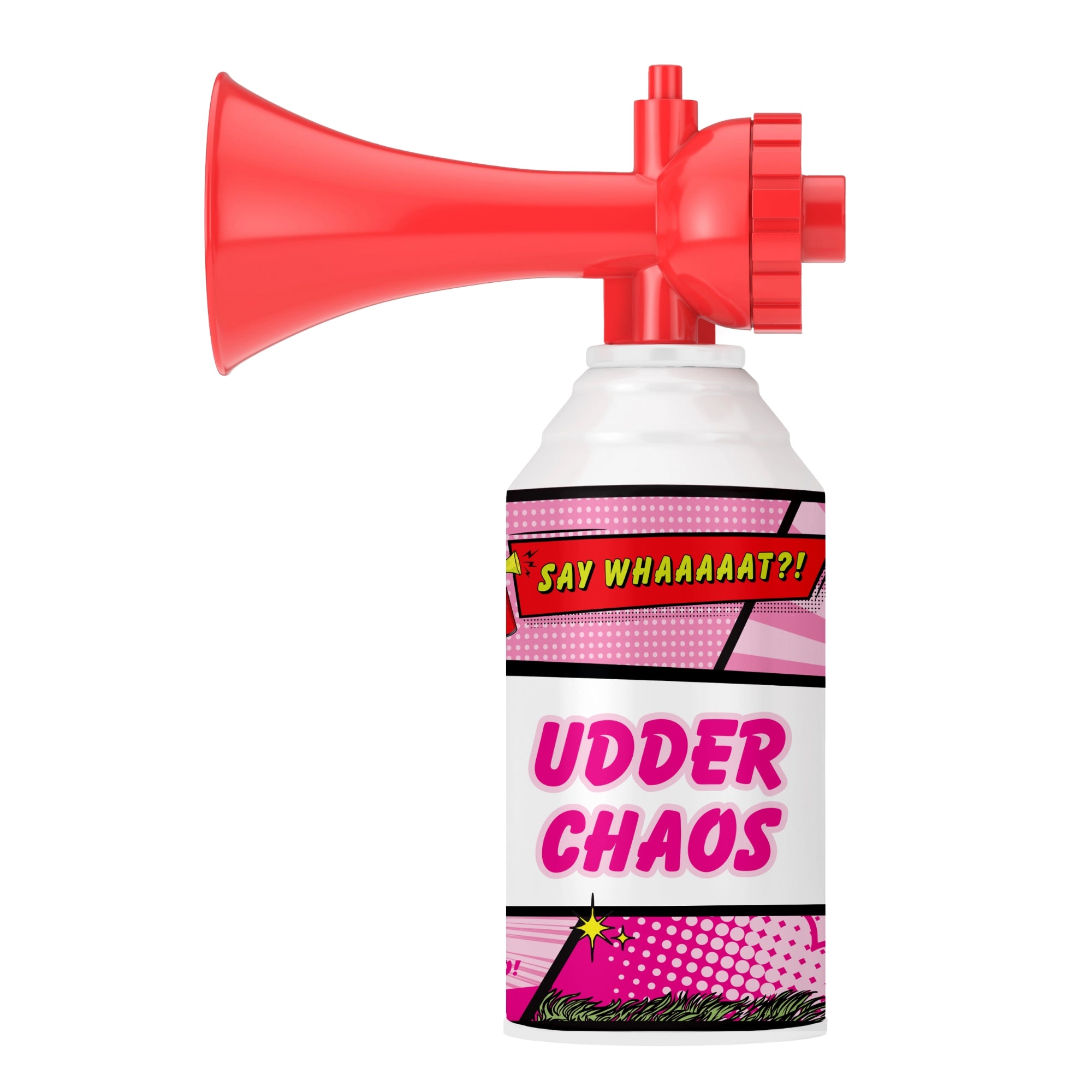 The Say Whaaaaat?! Mini Air Horn is a red and white collectible canister with a comic book-style "SAY WHAAAAAAT?!" design on a bold pink and white background, labeled “UDDER CHAOS.”.