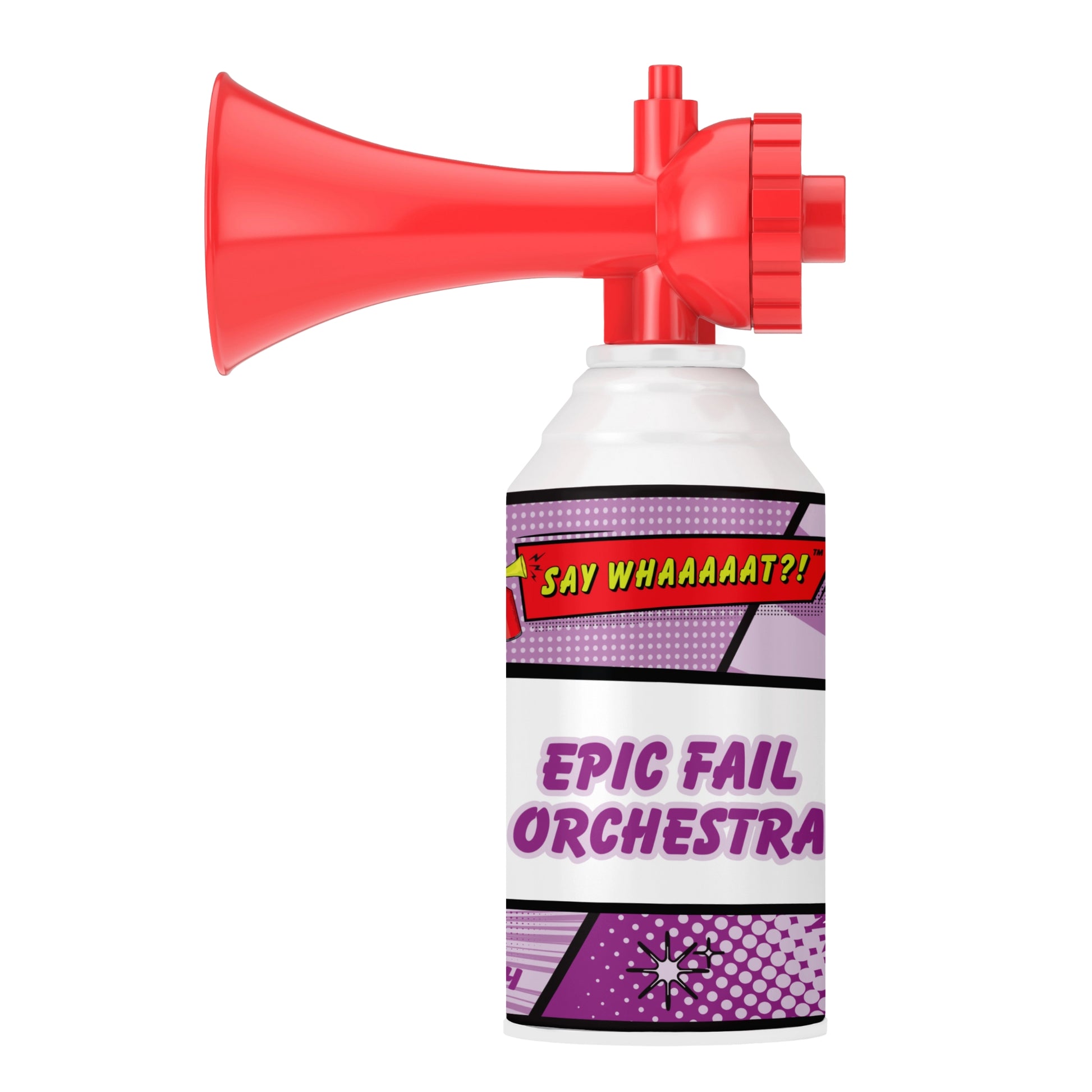 The Say Whaaaaat?! Mini Air Horn features a comic-style “EPIC FAIL ORCHESTRA” label in bold colors on a purple, white, and black background—an ideal collectible for fans of novelty air horns.