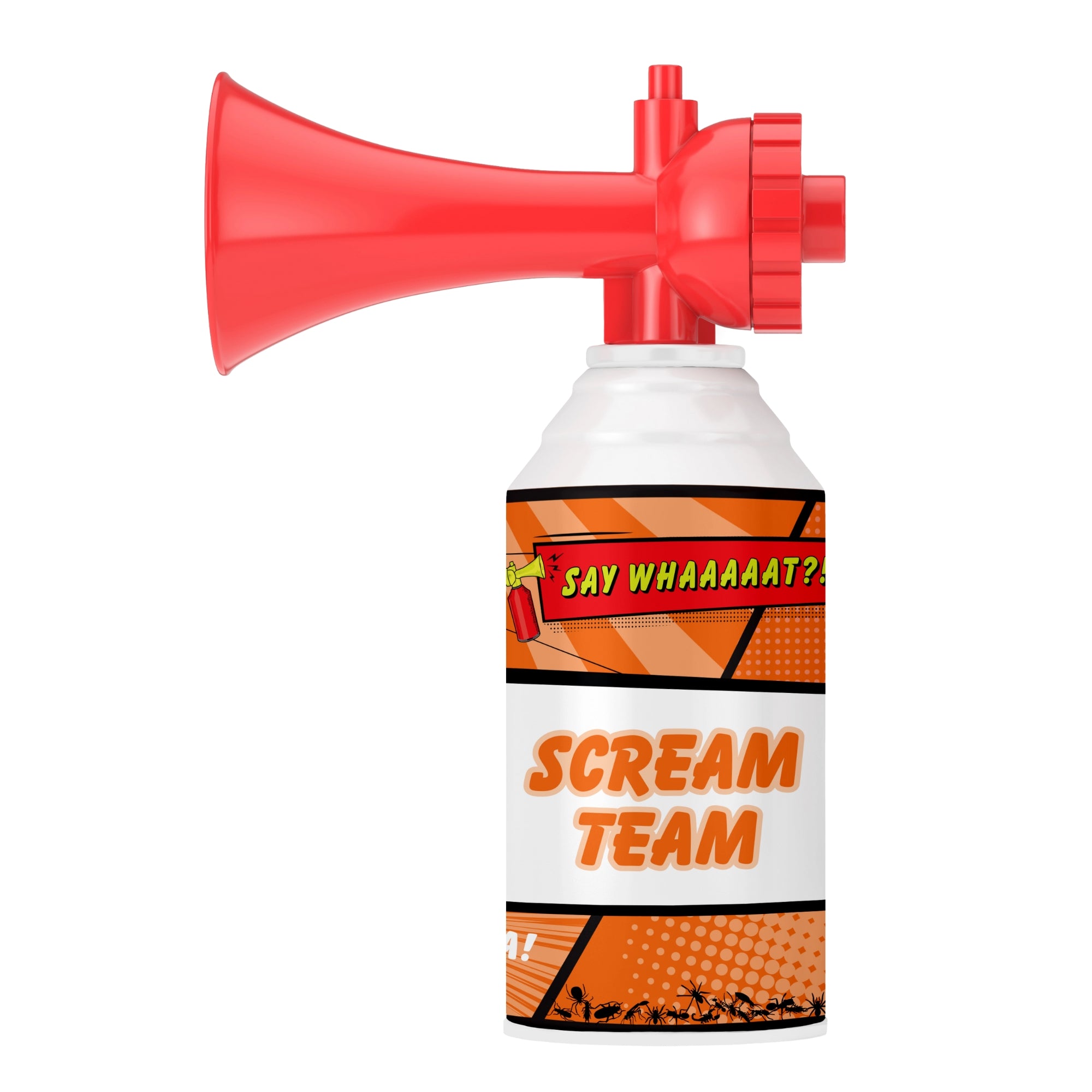 The Say Whaaaaat?! Mini Air Horn is a red collectible can with a label featuring bold orange and white “SAY WHAAAAAT?” and “SCREAM TEAM” text, set against an orange patterned background with cheering silhouettes.