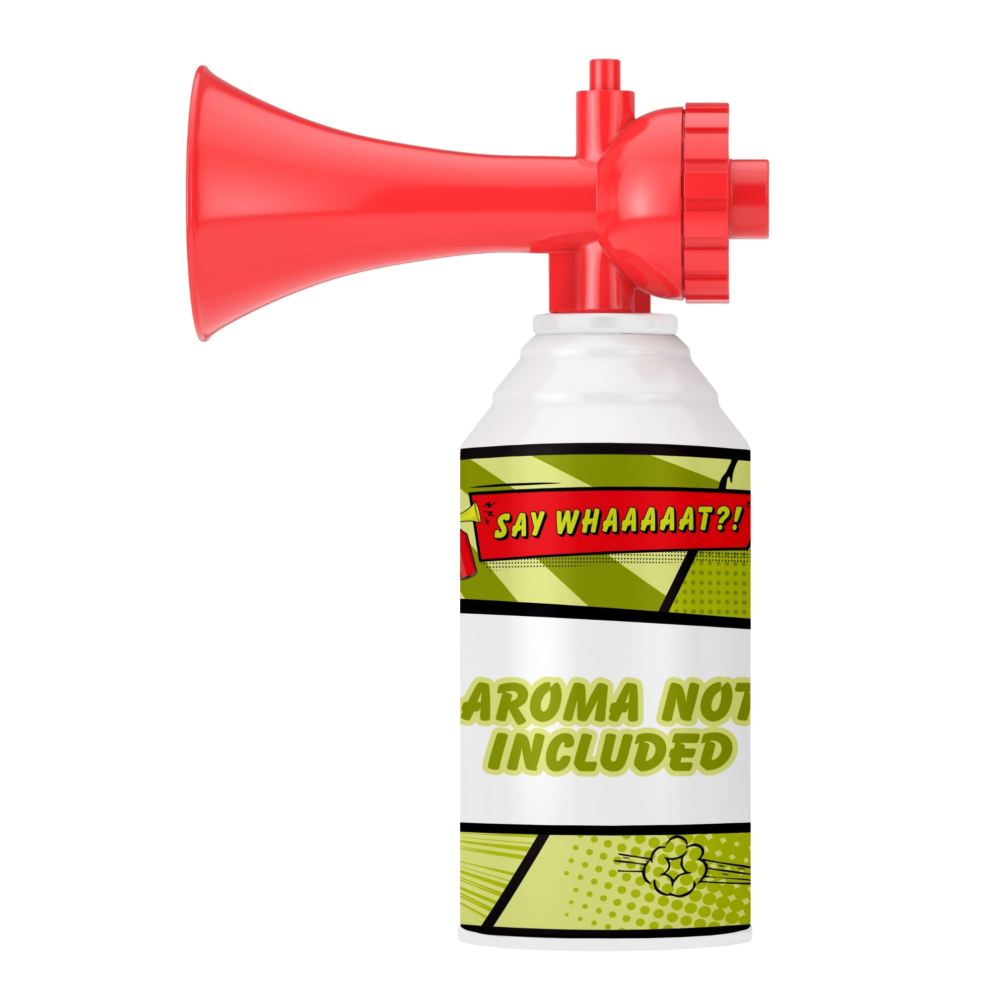 The Say Whaaaaat?! Mini Air Horn features a red can with a comic-style label and the phrase "AROMA NOT INCLUDED" in green and white, making it a fun collectible for air horn fans.