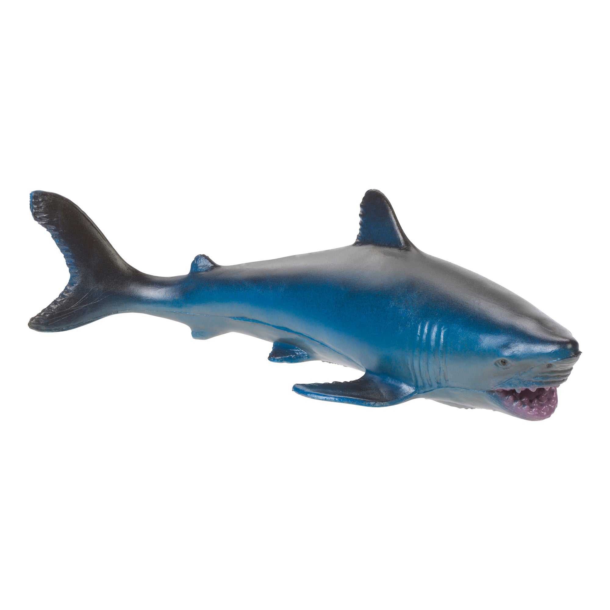 The Toysmith Sea Life Squishimal is a blue plastic shark with black-tipped fins and an open mouth showing white teeth, perfect for sensory play and displayed on a white background.